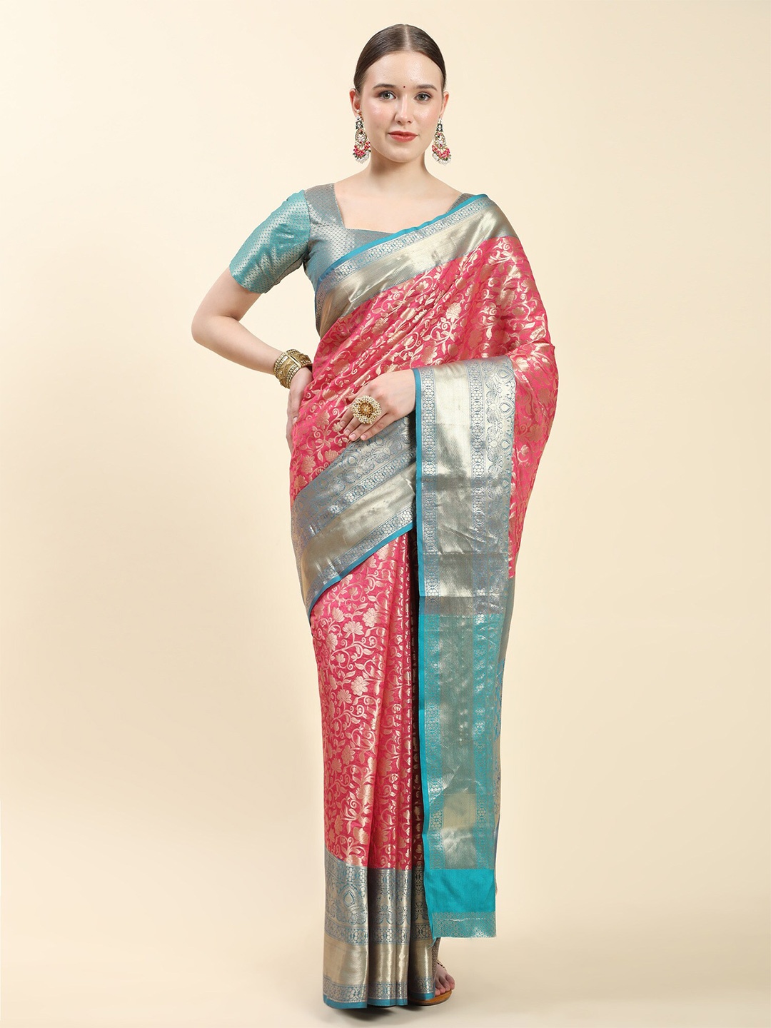 

PHEASANT Woven Design Zari Silk Cotton Saree, Pink