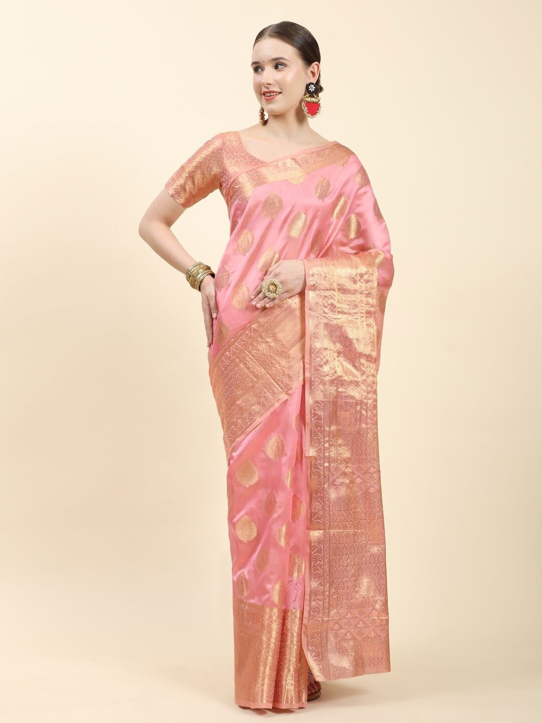 

PHEASANT Ethnic Motif Woven Design Zari Organza Saree, Pink