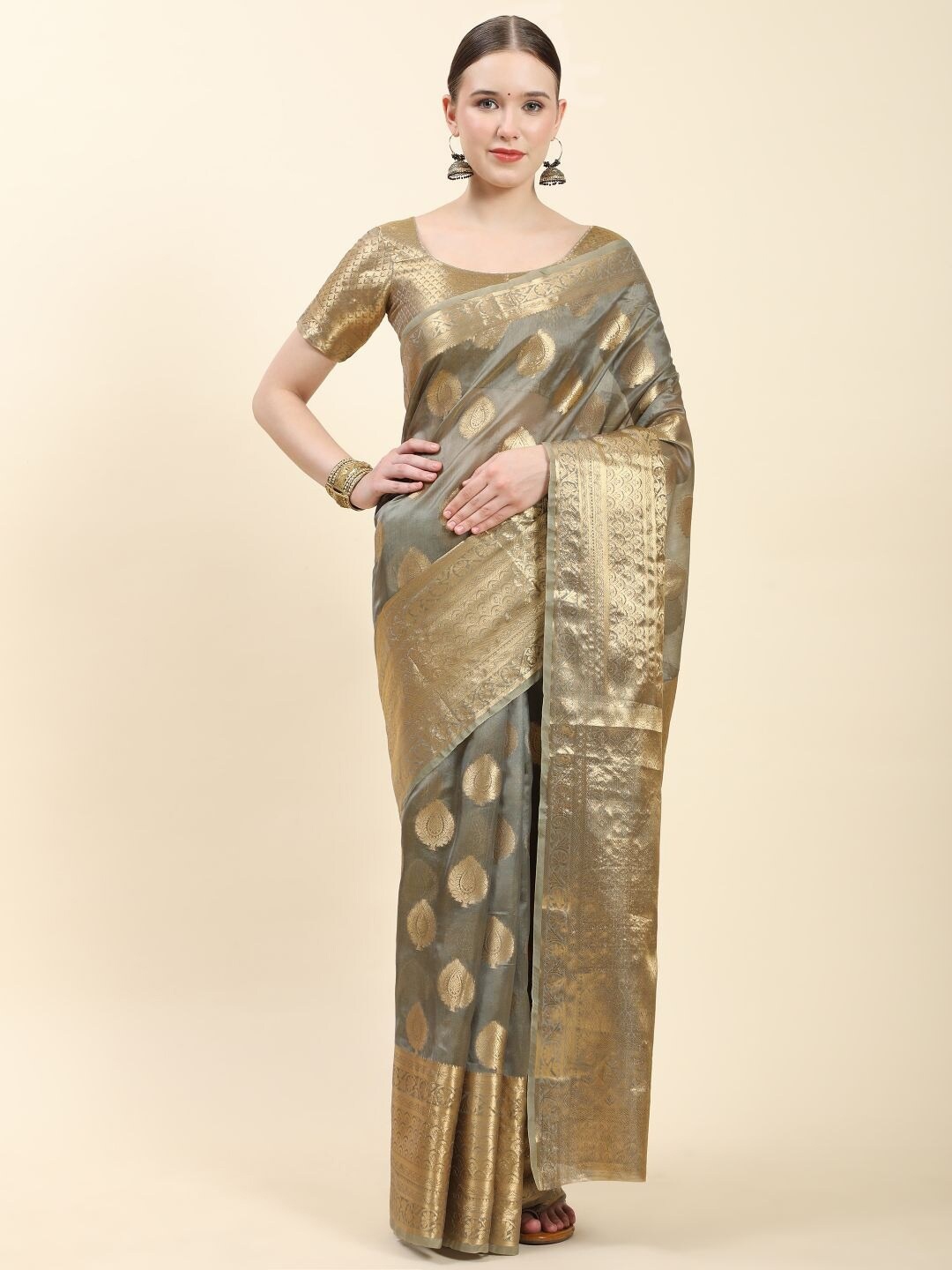 

PHEASANT Ethnic Motifs Woven Design Zari Organza Saree, Grey