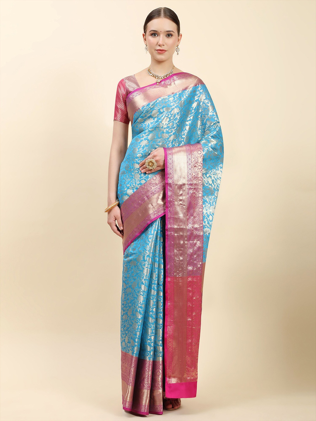 

PHEASANT Woven Design Zari Silk Cotton Saree, Blue