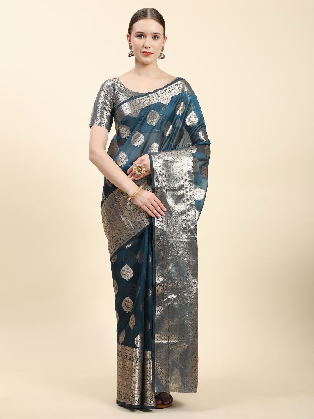 

PHEASANT Ethinic Motif Woven Design Zari Organza Saree, Blue