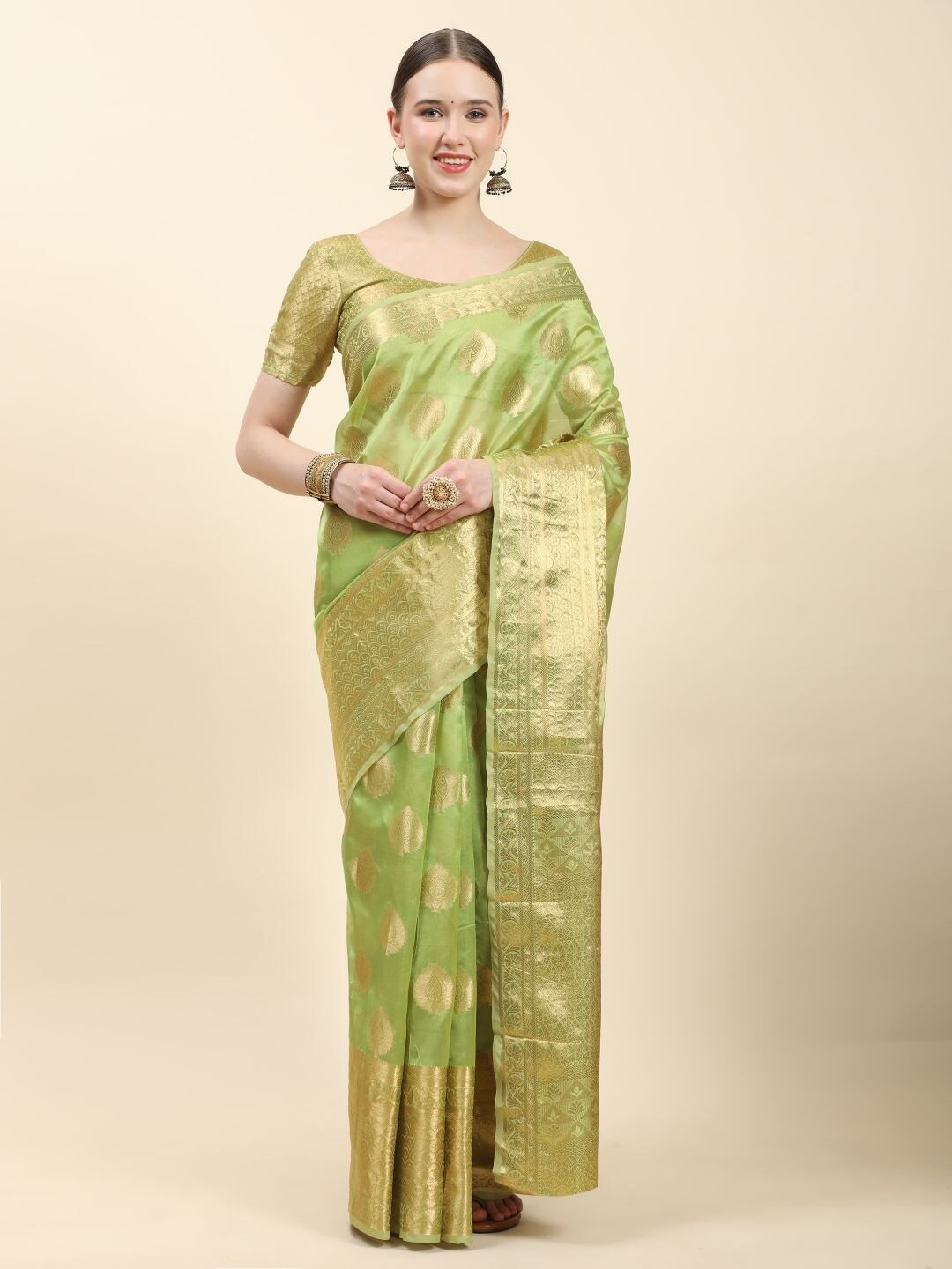 

PHEASANT Ethinic Motif Woven Design Zari Organza Saree, Green