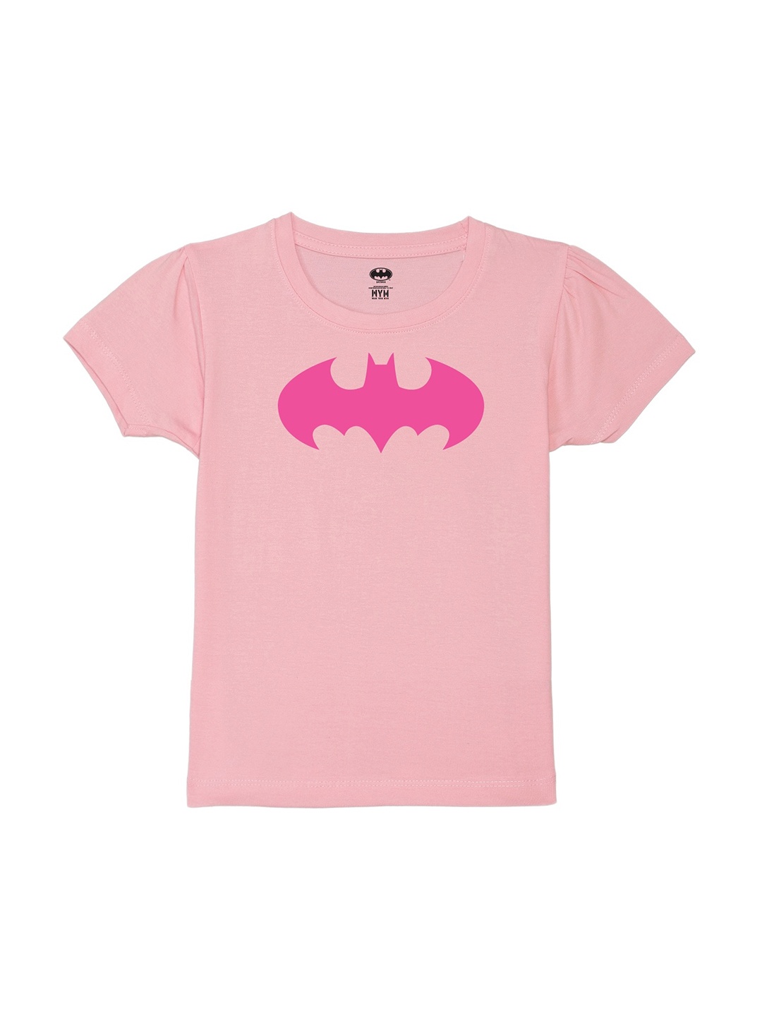 

Wear Your Mind Girls Batman Printed Puff Sleeves Pure Cotton T-shirt, Pink