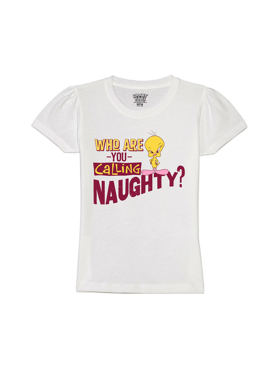

Wear Your Mind Girls Typography Printed Puff Sleeves Pure Cotton T-shirt, White