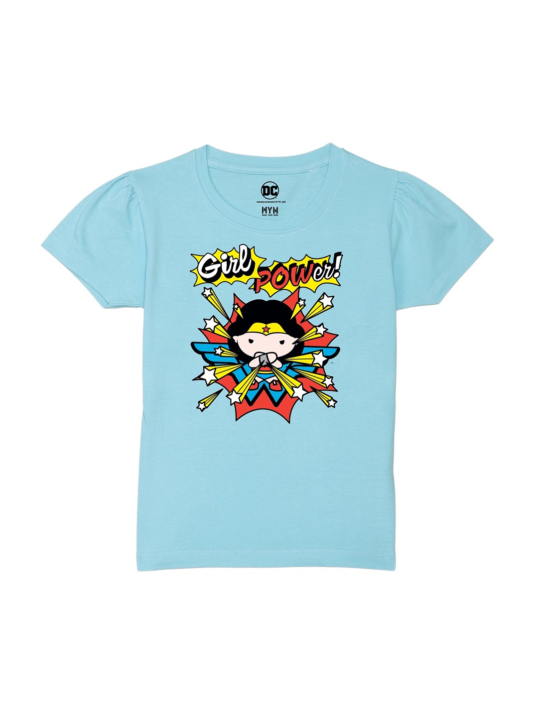 

Wear Your Mind Girls Graphic Printed Puff Sleeves Pure Cotton T-shirt, Blue