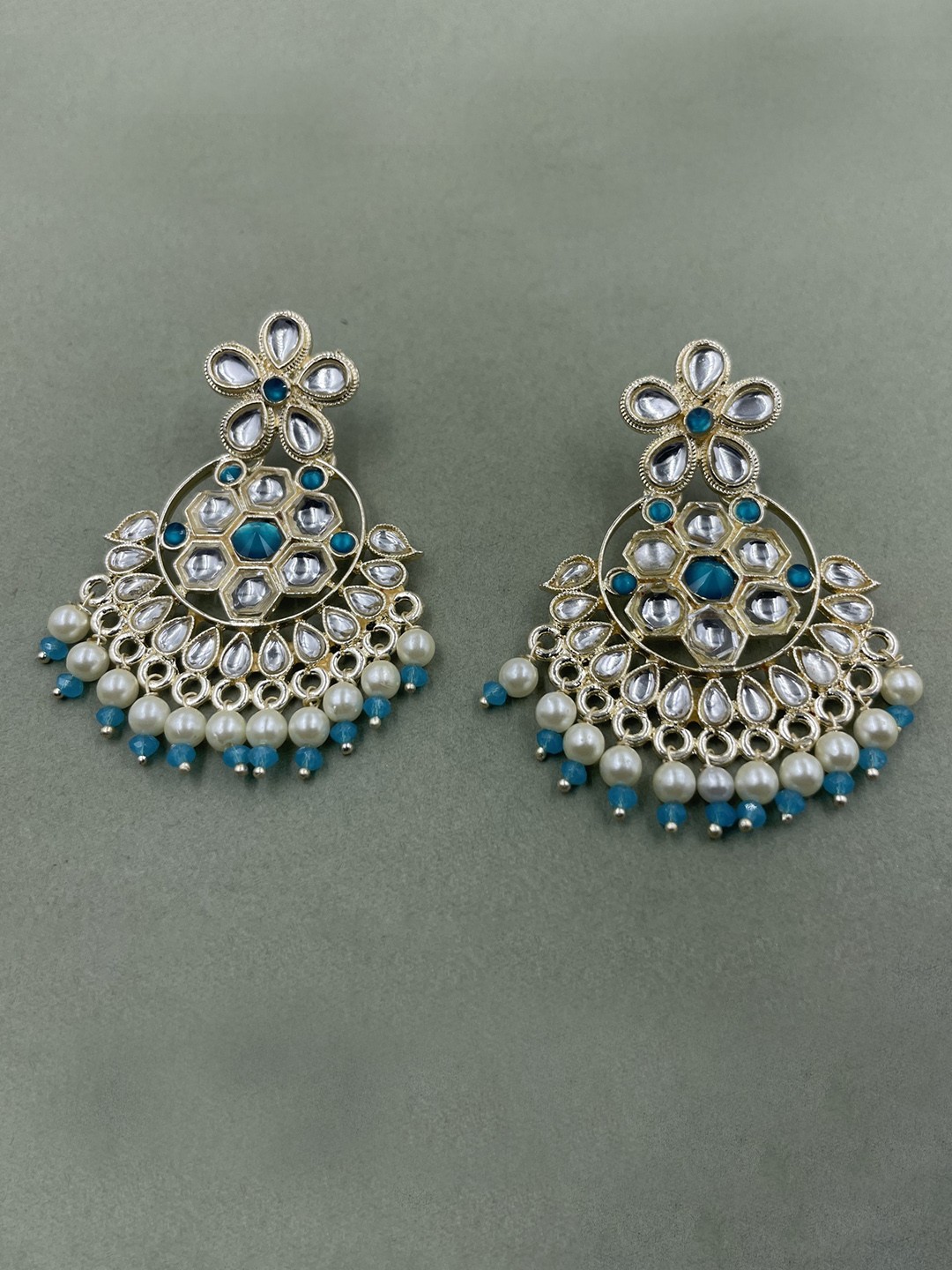 

Rhymee Gold-Plated Floral Kundan & Pearls Studded Chandbalis