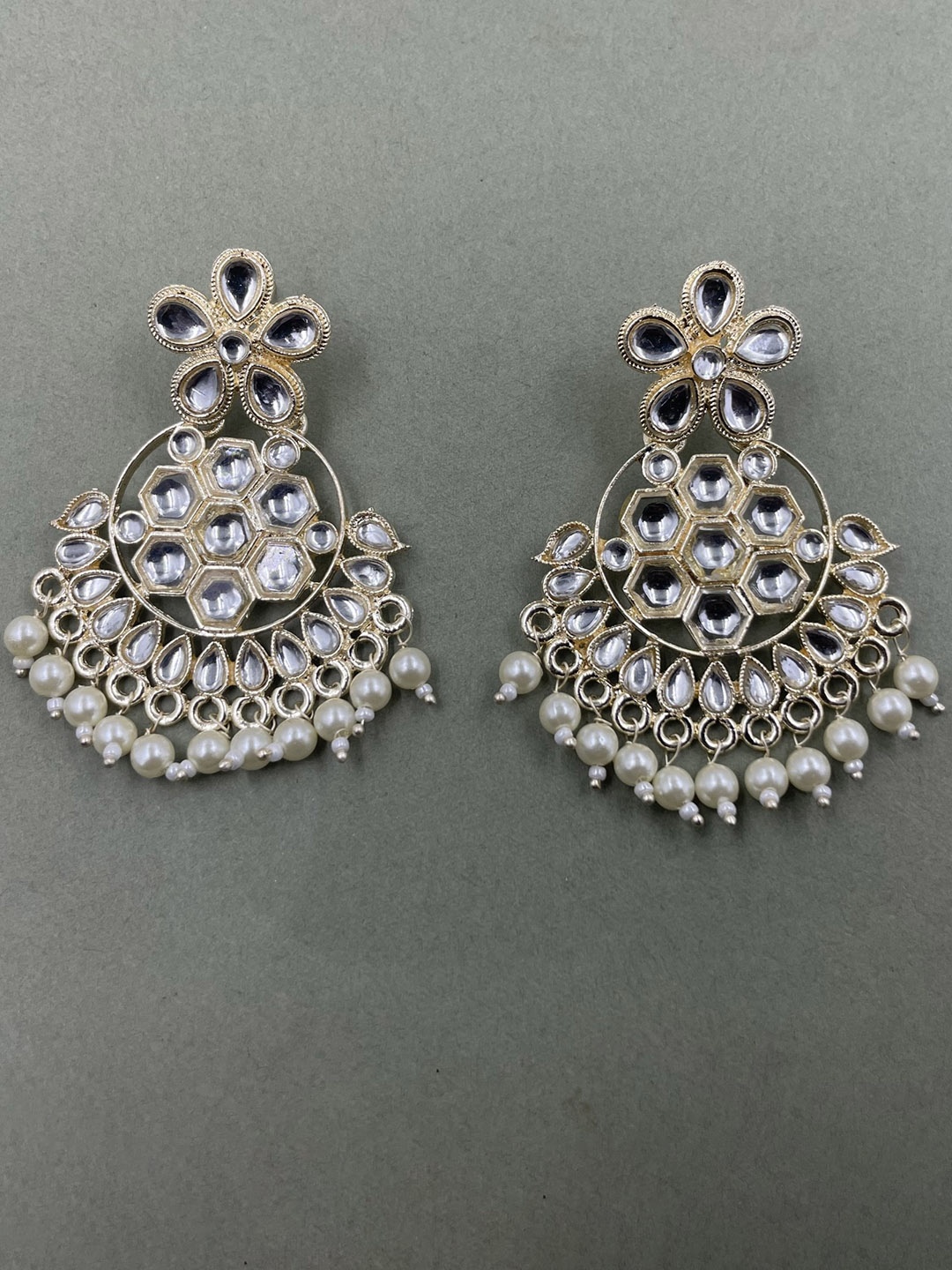 

Rhymee Gold-Plated Floral Kundan & Pearls Studded Chandbalis