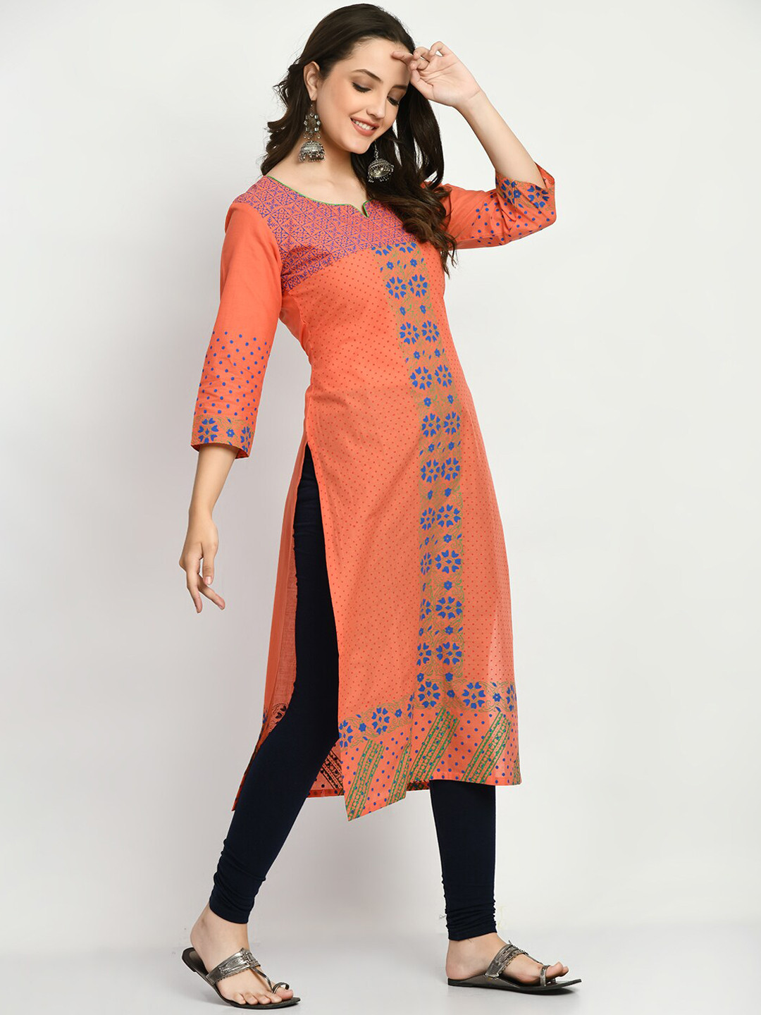 

RIYA Ethnic Motifs Printed Pure Cotton Kurta, Peach