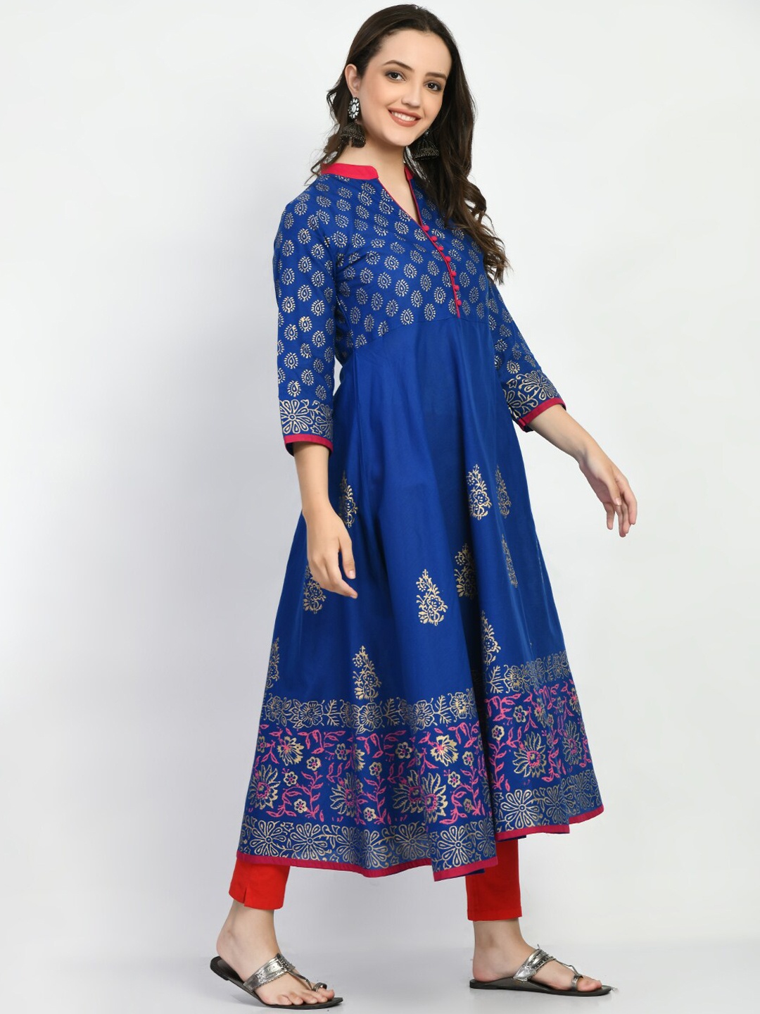 

RIYA Mandarin Collar Etnic Motifs Printed Pure Cotton Anarkali Kurta, Blue