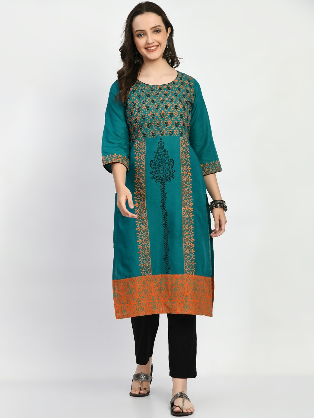 

RIYA Ethnic Motifs Printed Cotton Kurta, Green