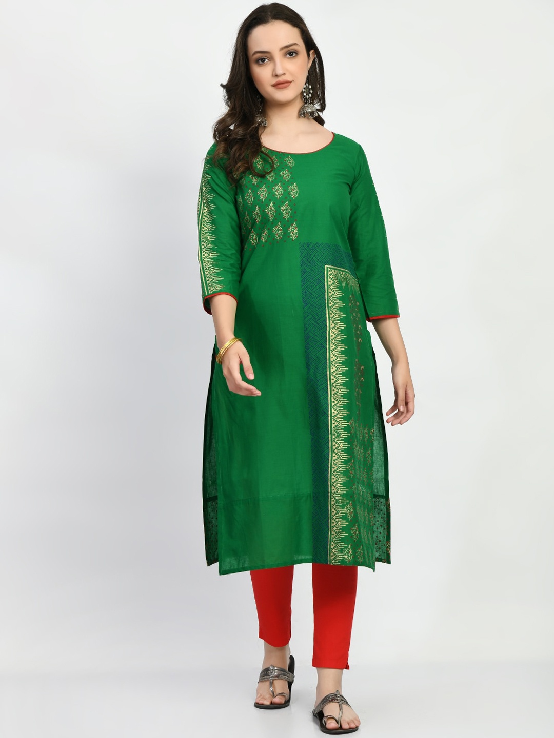 

RIYA Ethnic Motifs Printed Pure Cotton Kurta, Green