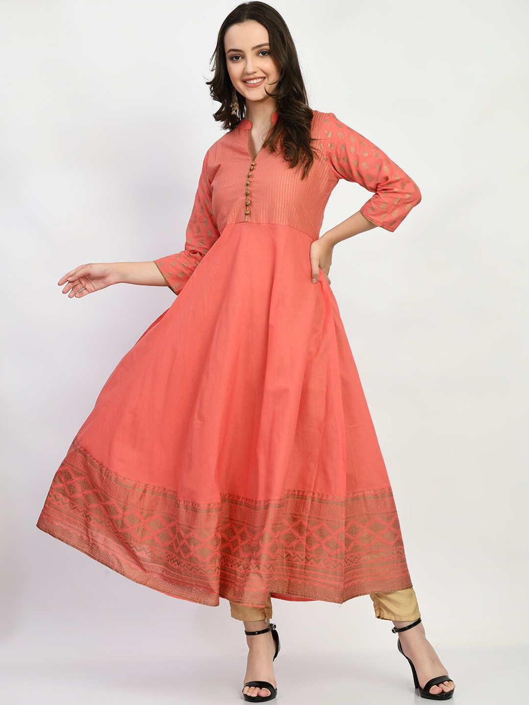 

RIYA Geometric Printed Mandarin Collar Anarkali Kurta, Peach