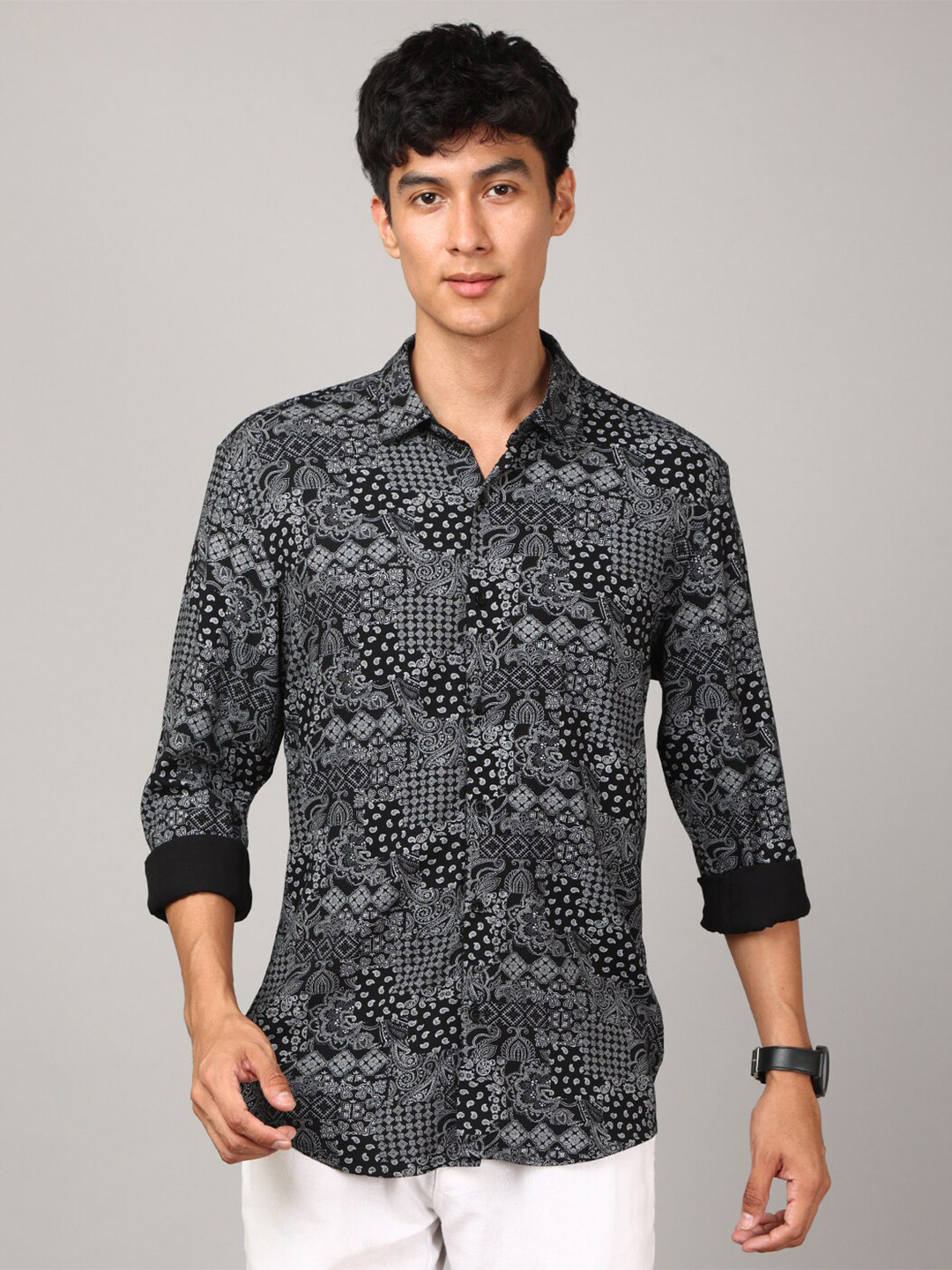 

FOGA Ethnic Motifs Printed Cotton Casual Shirt, Black