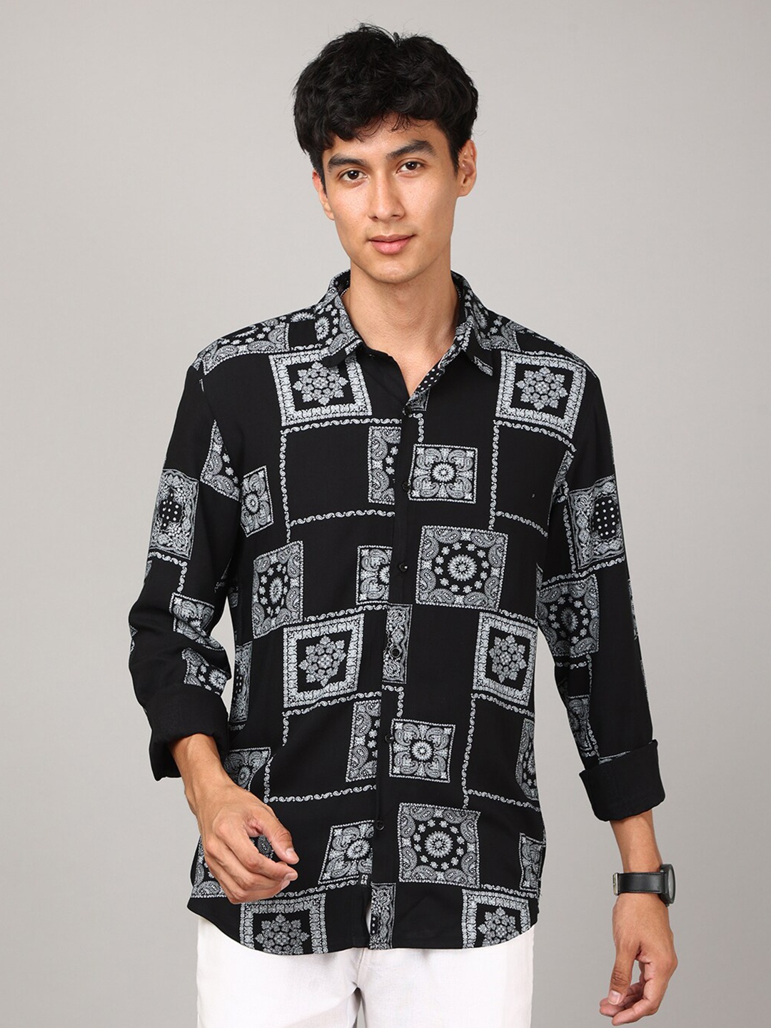 

FOGA Ethnic Motifs Printed Casual Cotton Shirt, Black