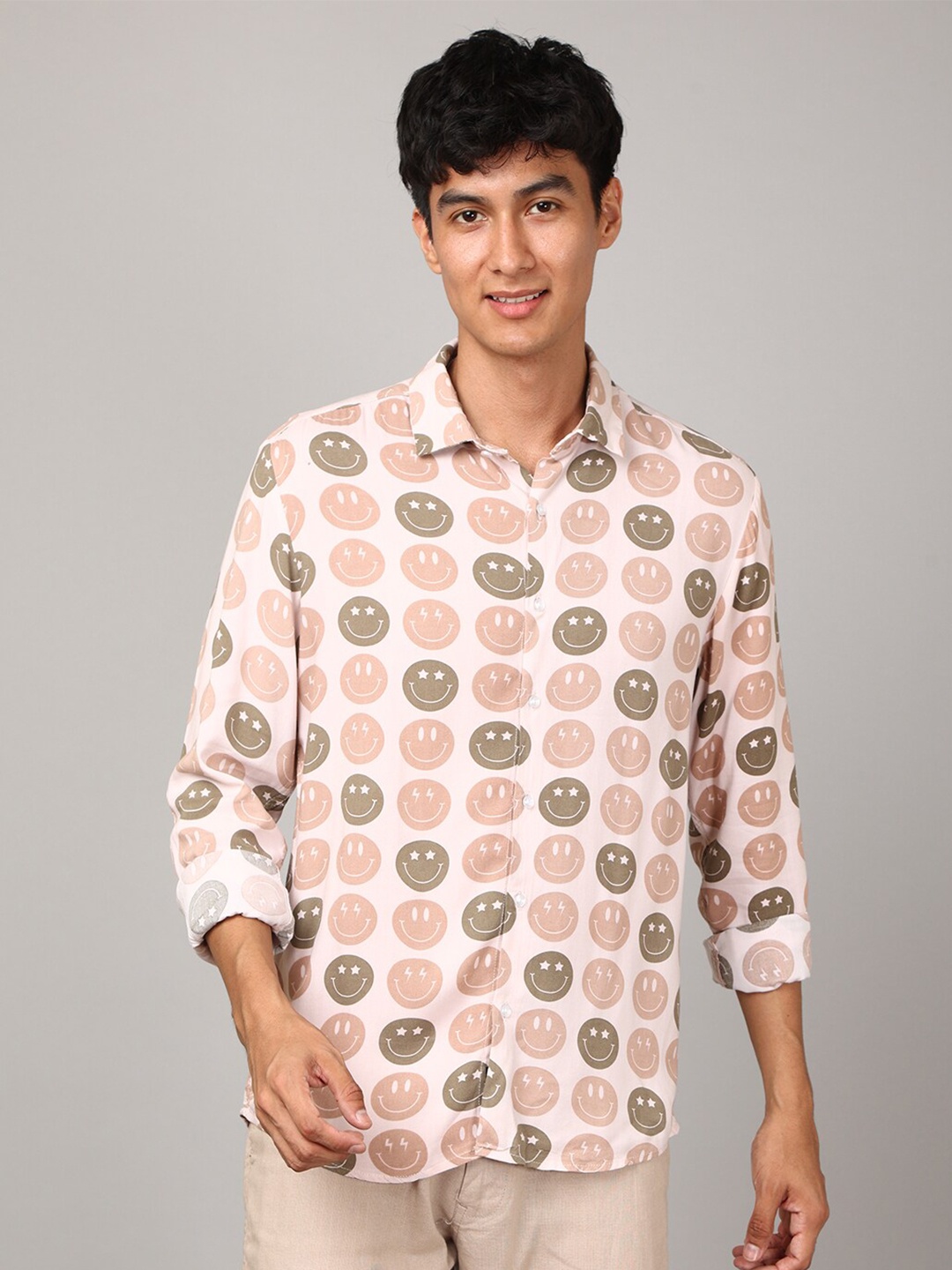 

FOGA Conversational Printed Spread Collar Casual Shirt, Cream