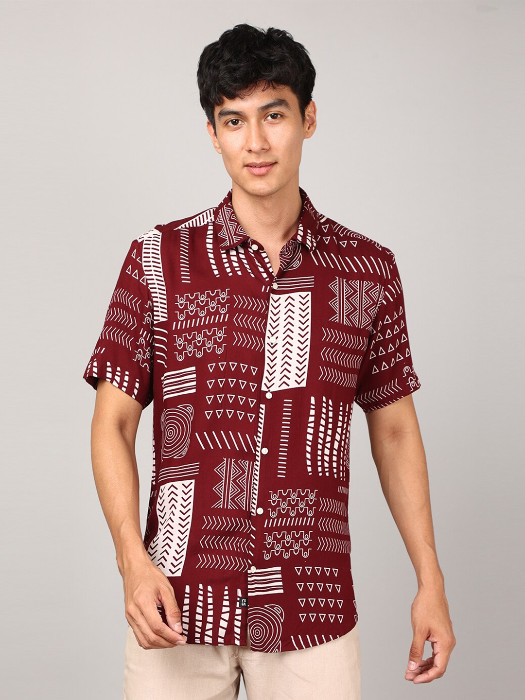 

FOGA New Abstract Printed Spread Collar Cotton Shirt, Maroon