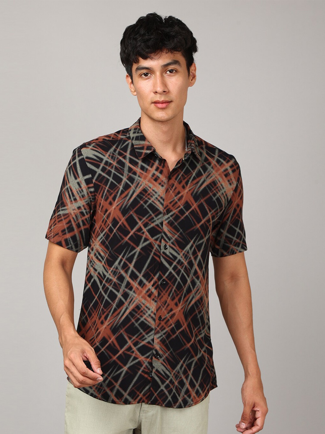 

FOGA New Abstract Printed Half Sleeve Cotton Shirt, Black