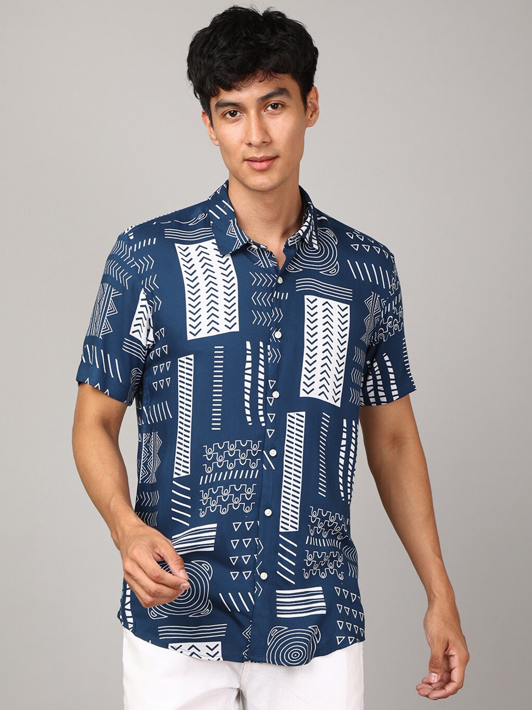 

FOGA New Geometric Printed Pure Cotton Casual Shirt, Teal