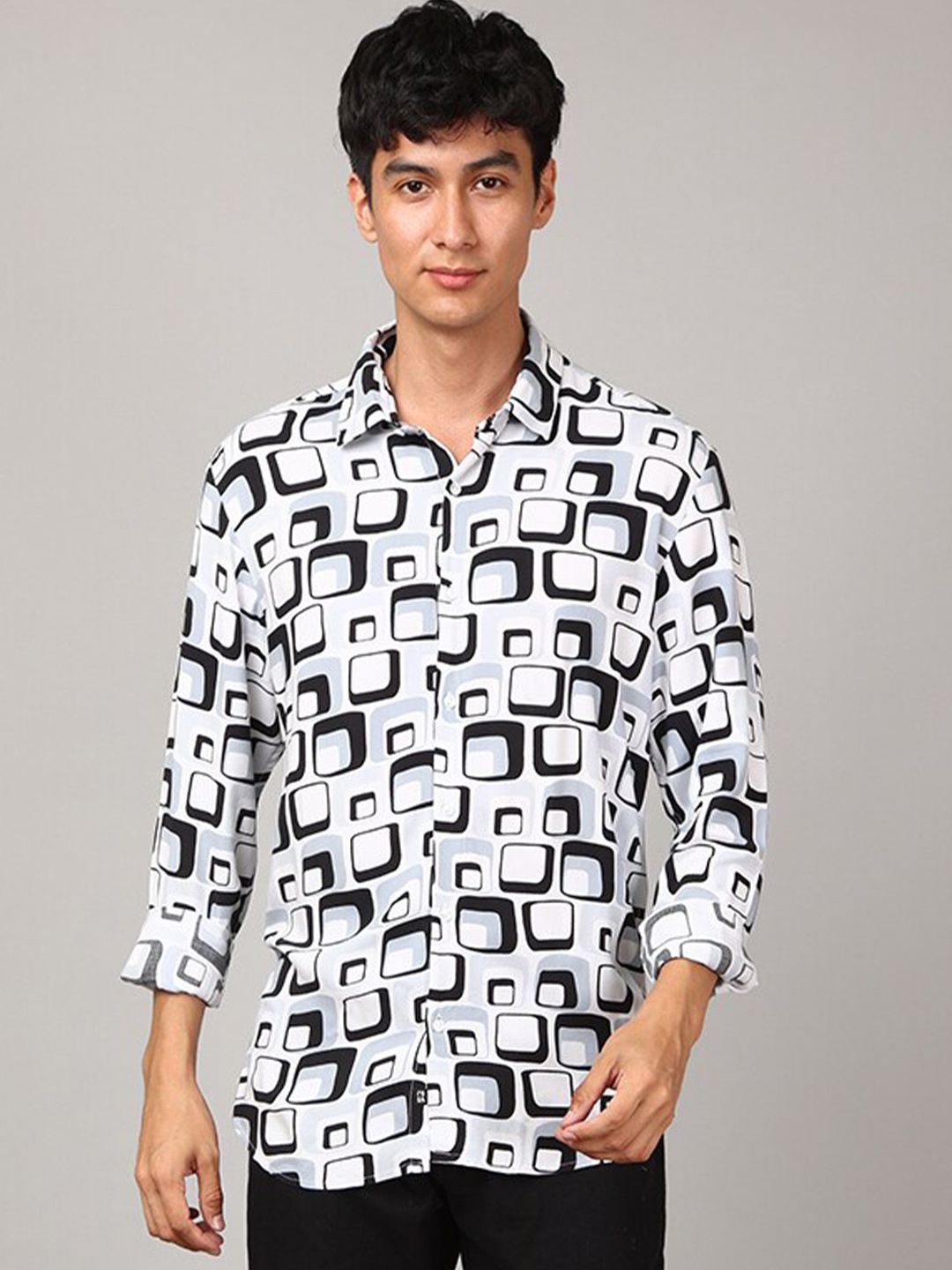 

FOGA New Geometric Printed Pure Cotton Casual Shirt, White