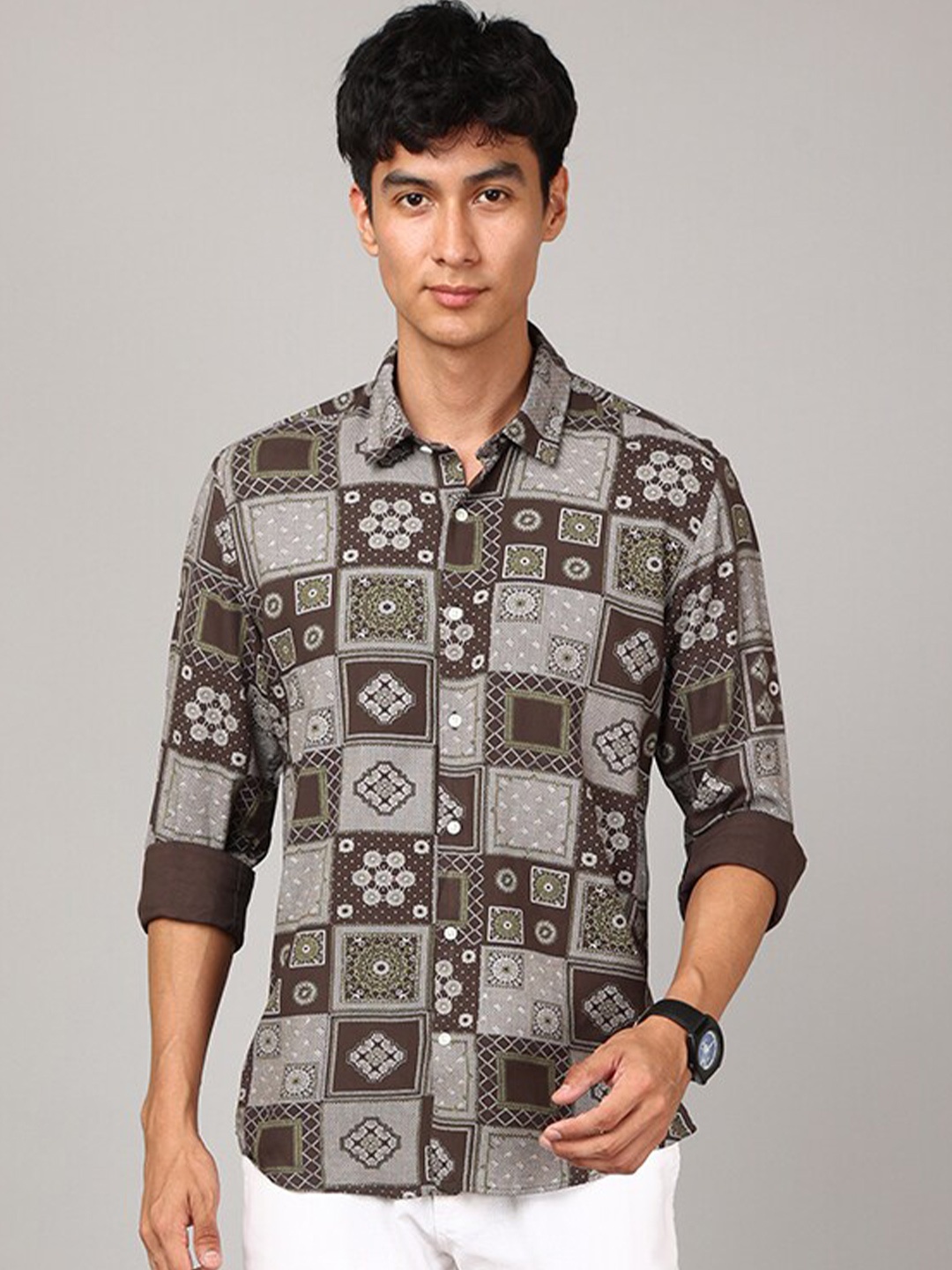 

FOGA New Ethnic Motifs Printed Pure Cotton Shirt, Olive