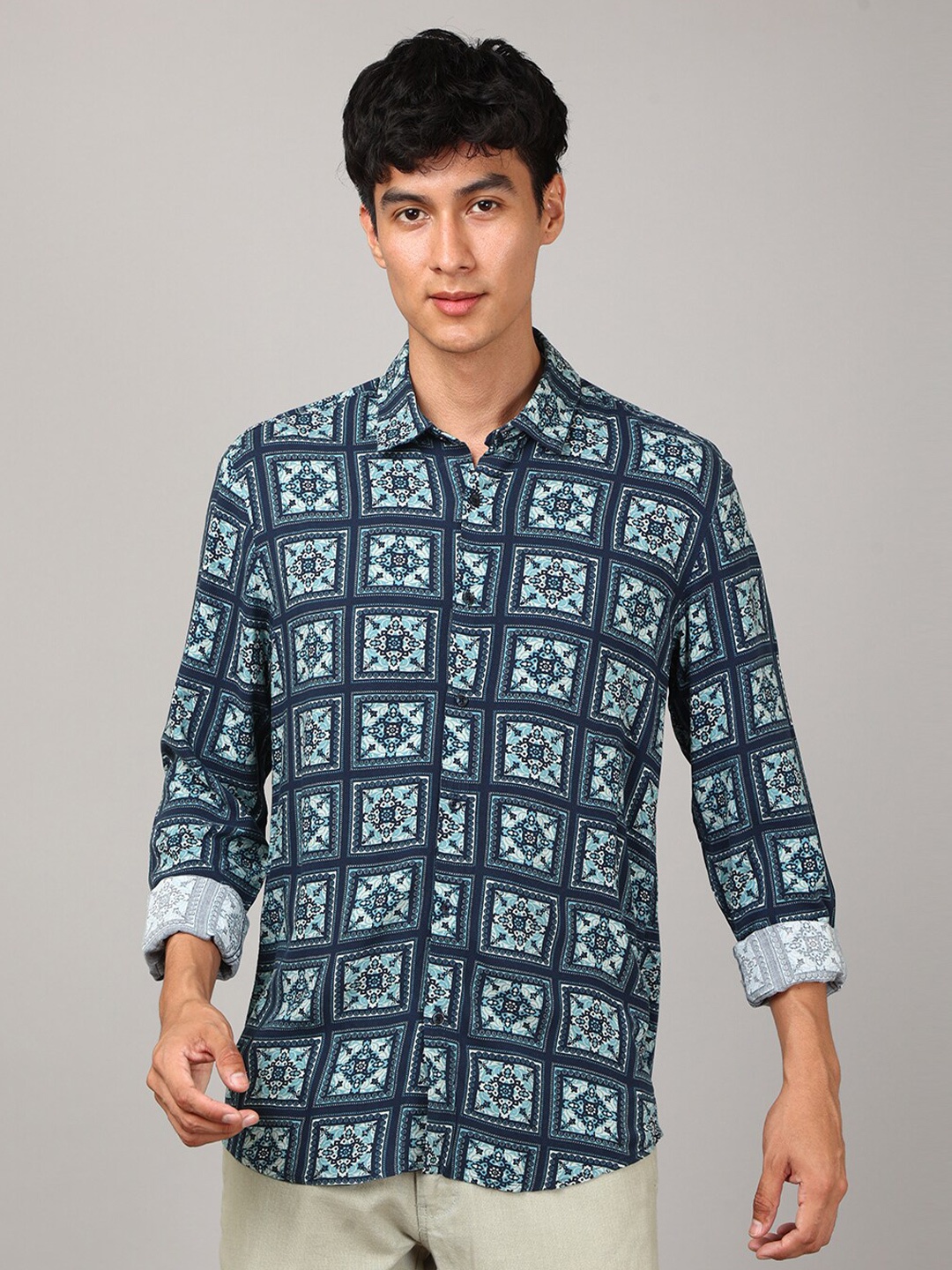 

FOGA Spread Collar New Abstract Printed Cotton Shirt, Blue