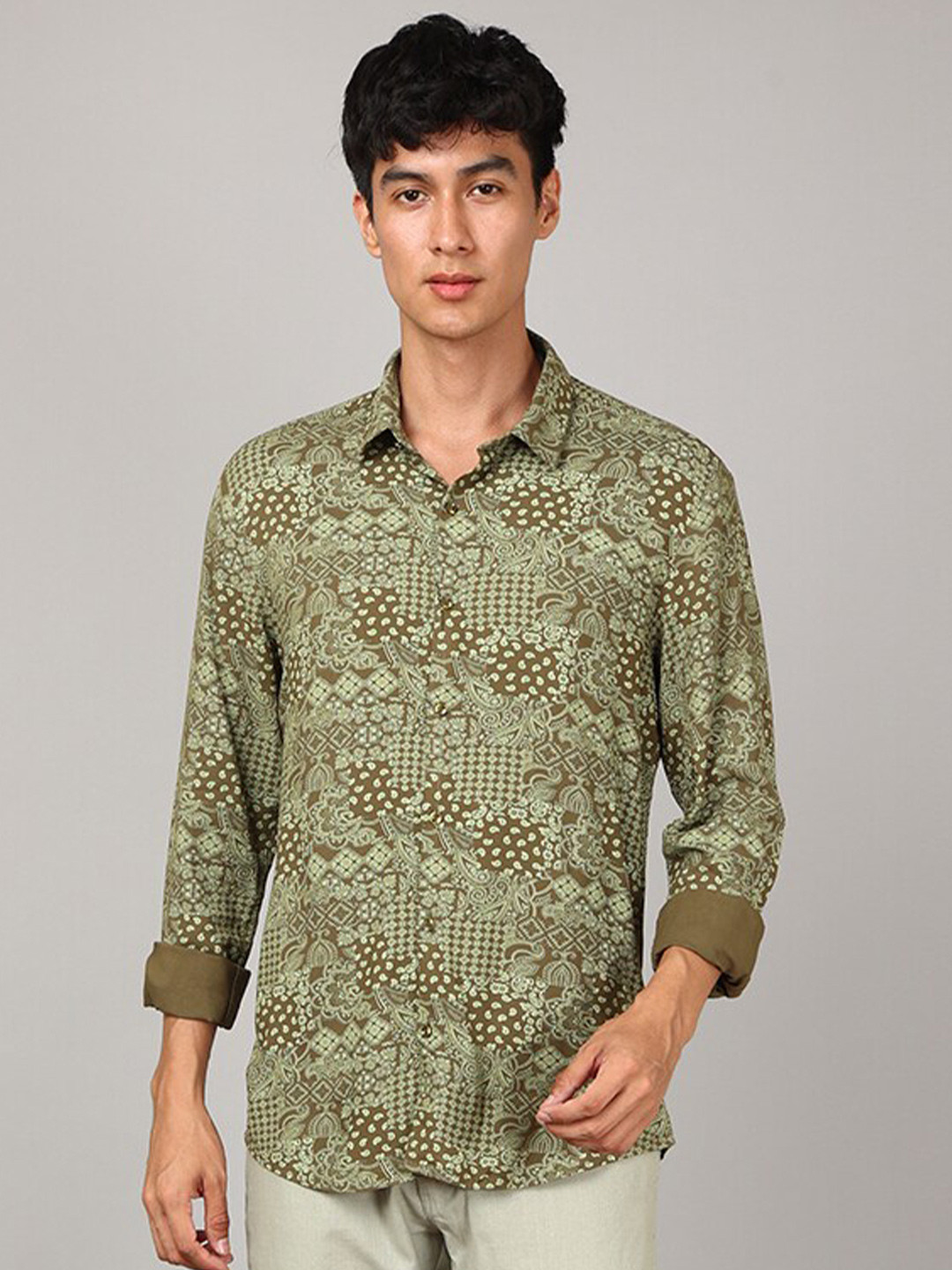 

FOGA Ethnic Motifs Printed Casual Shirt, Olive