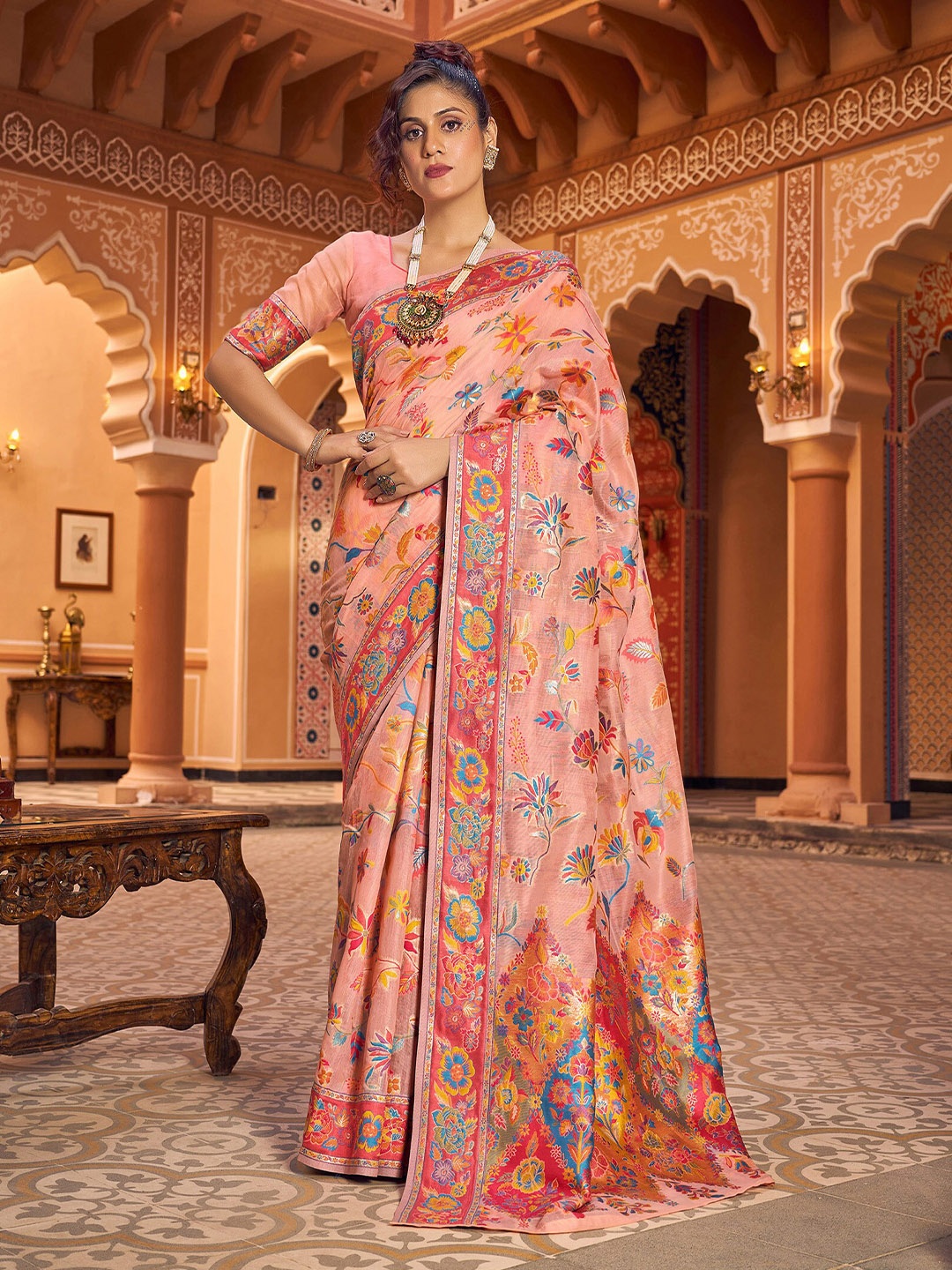 

elora Floral Zari Silk Cotton Saree, Peach