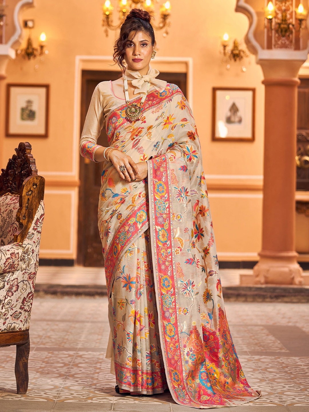 

elora Floral Woven Design Zari Silk Cotton Saree, Beige