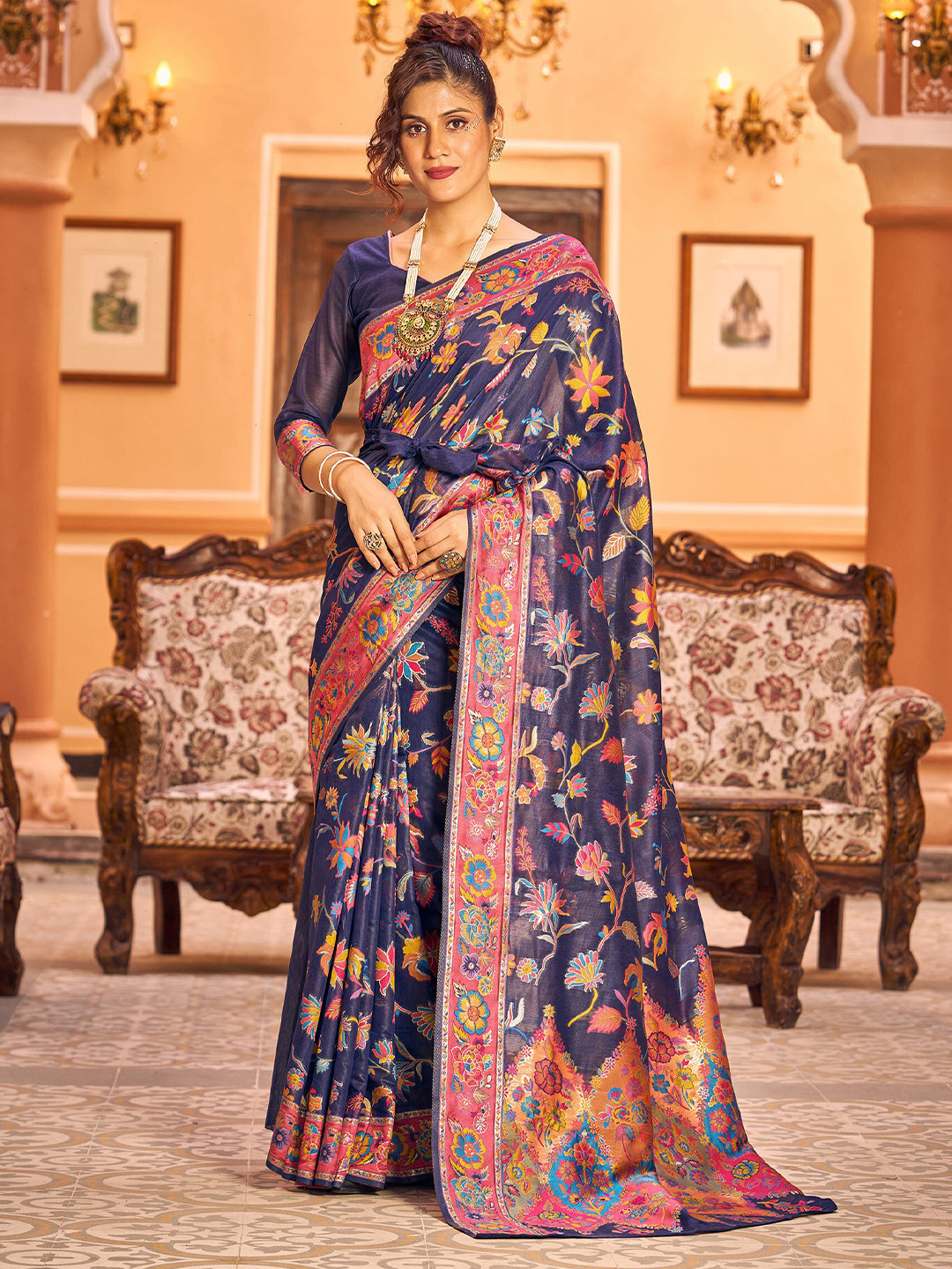 

elora Woven Design Zari Silk Cotton Saree, Navy blue
