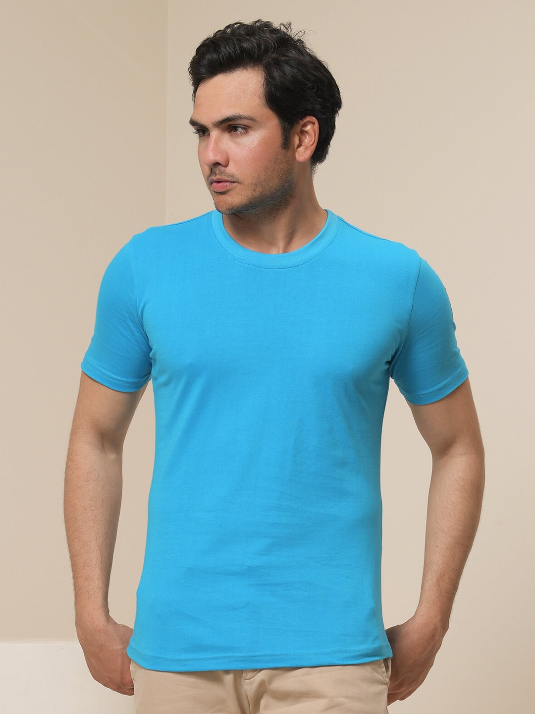 

ARTLESS Round Neck Pure Cotton Relaxed Fit T-shirt, Blue