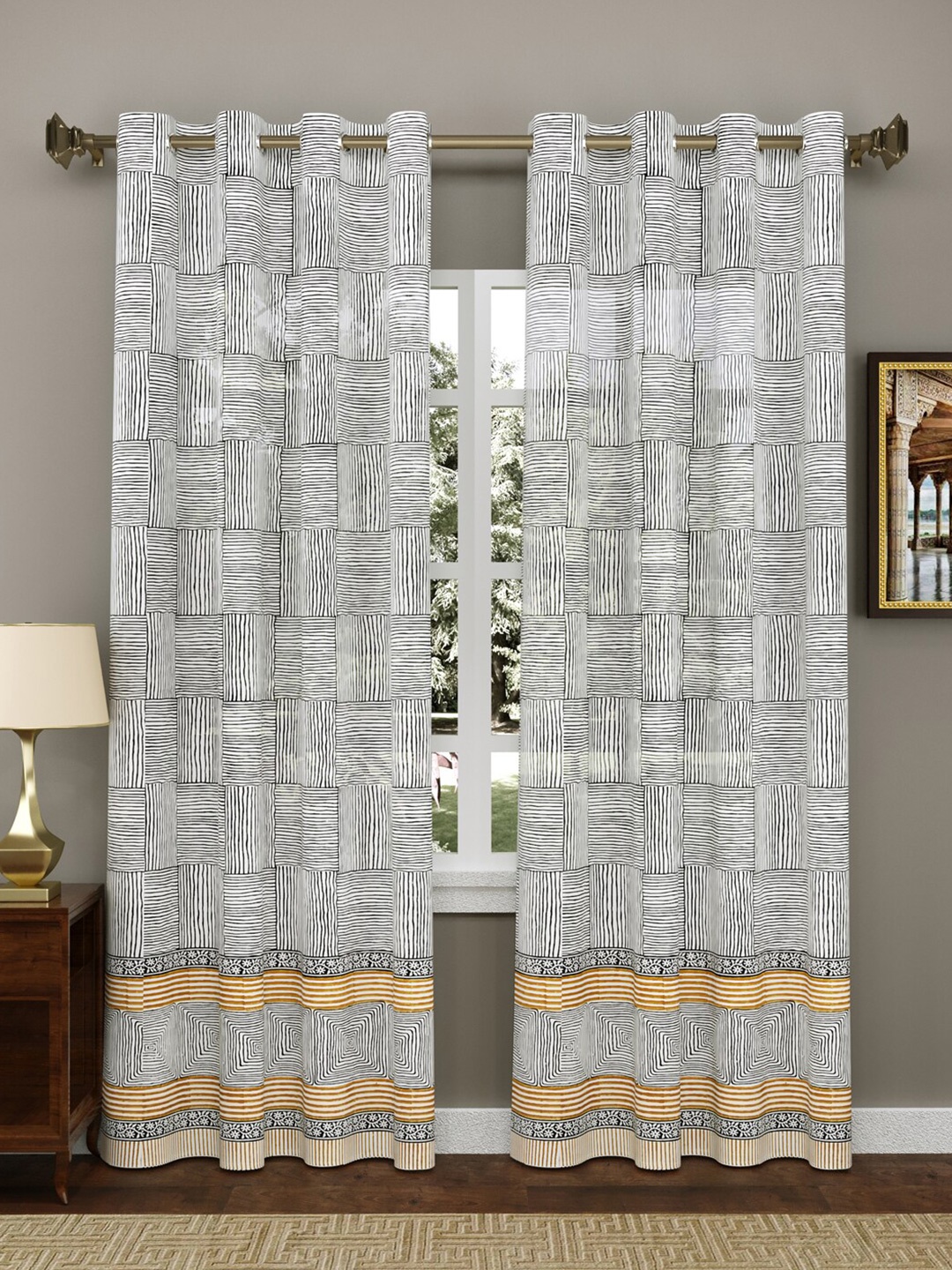 

Sangria 2Pcs Black & White Ethnic Motif-Printed Cotton Window Curtains