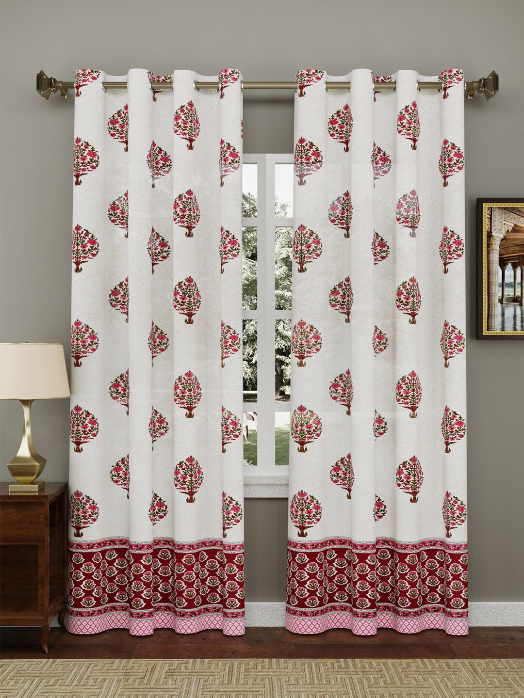 

Sangria 2-Pcs White & Pink Printed Cotton Door Curtains