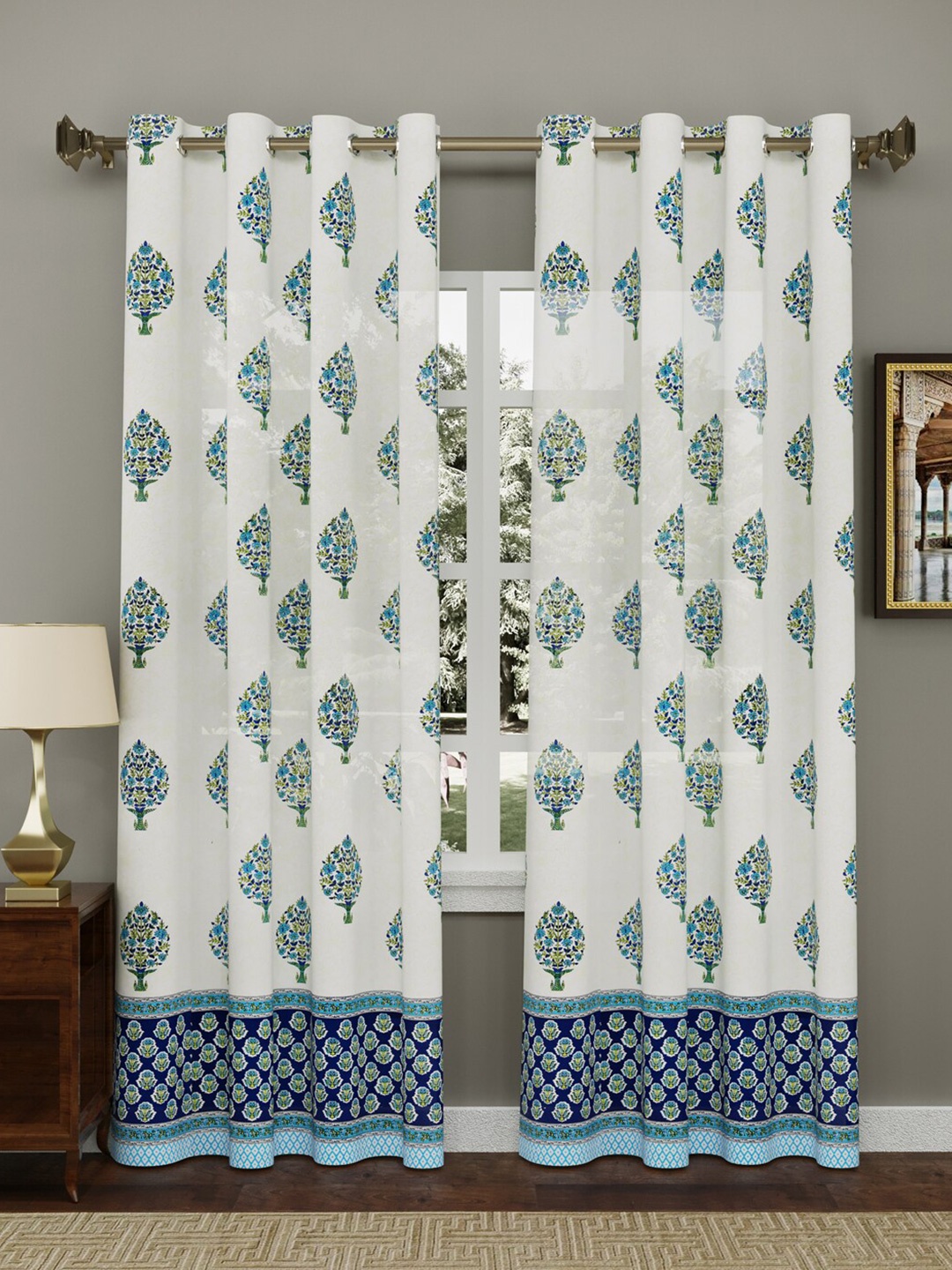 

Sangria 2Pcs Blue & White Ethnic Motif-Printed Cotton Window Curtains