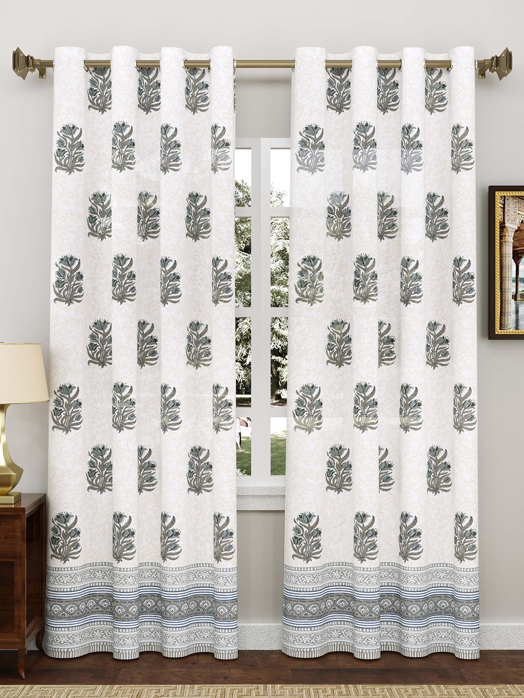 

Sangria 2Pcs Grey & White Ethnic Motif-Printed Cotton Window Curtains