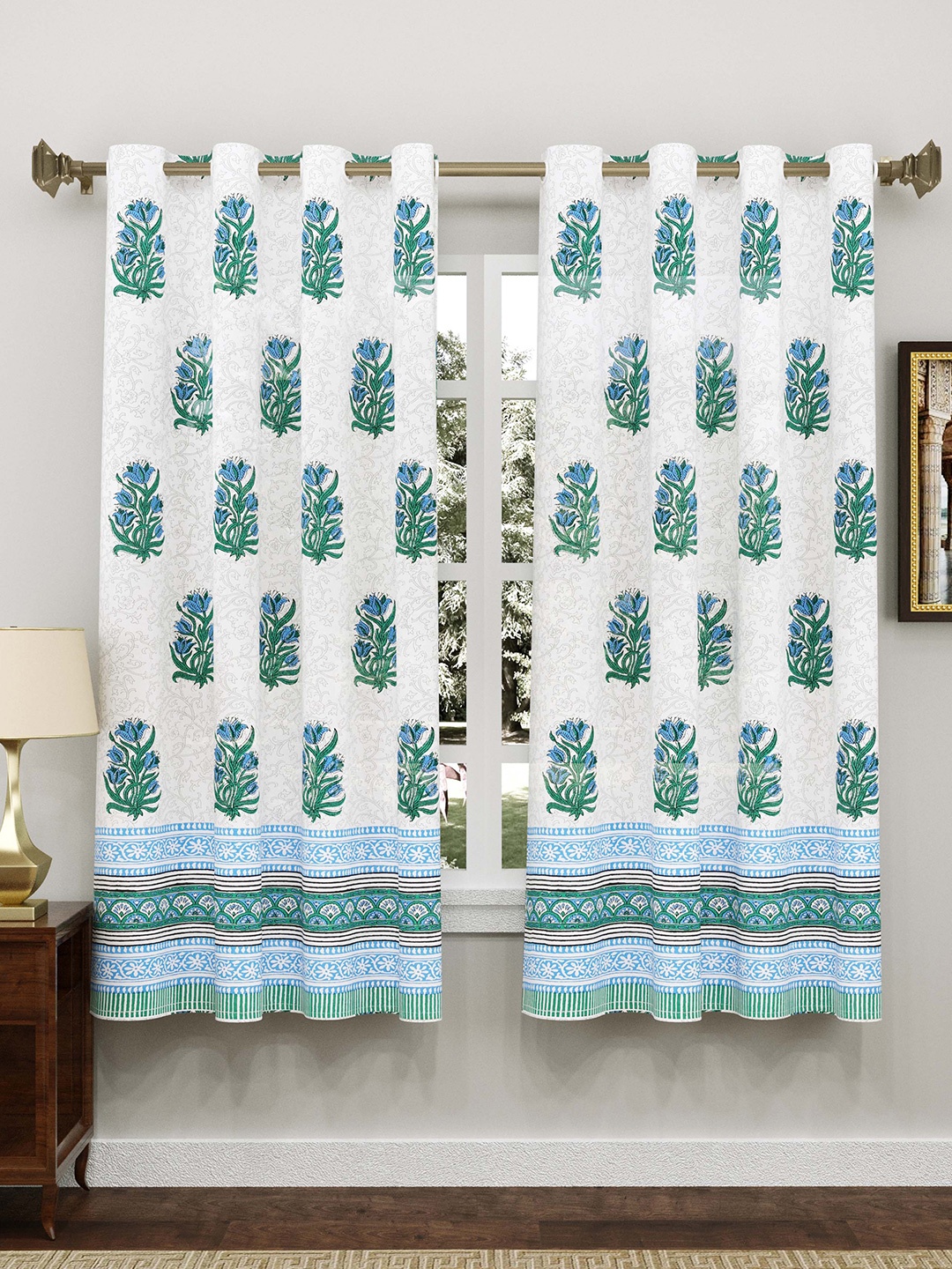 

Sangria 2-Pcs White & Blue Printed Pure Cotton Door Curtain