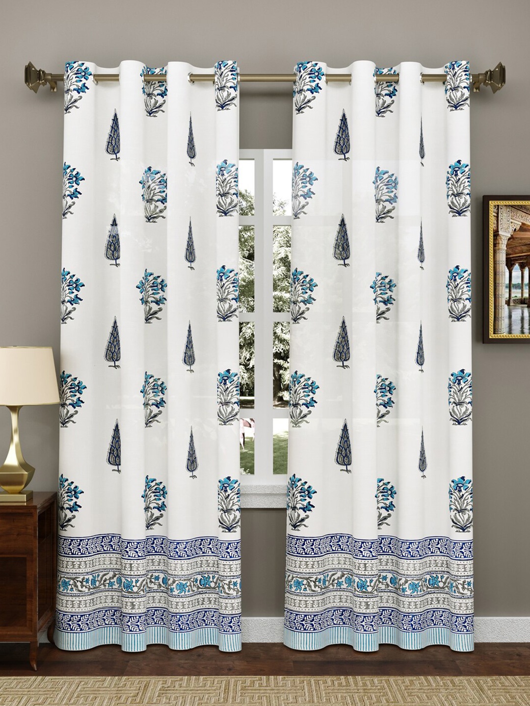 

Sangria 2-Pcs White & Blue Printed Pure Cotton Door Curtain
