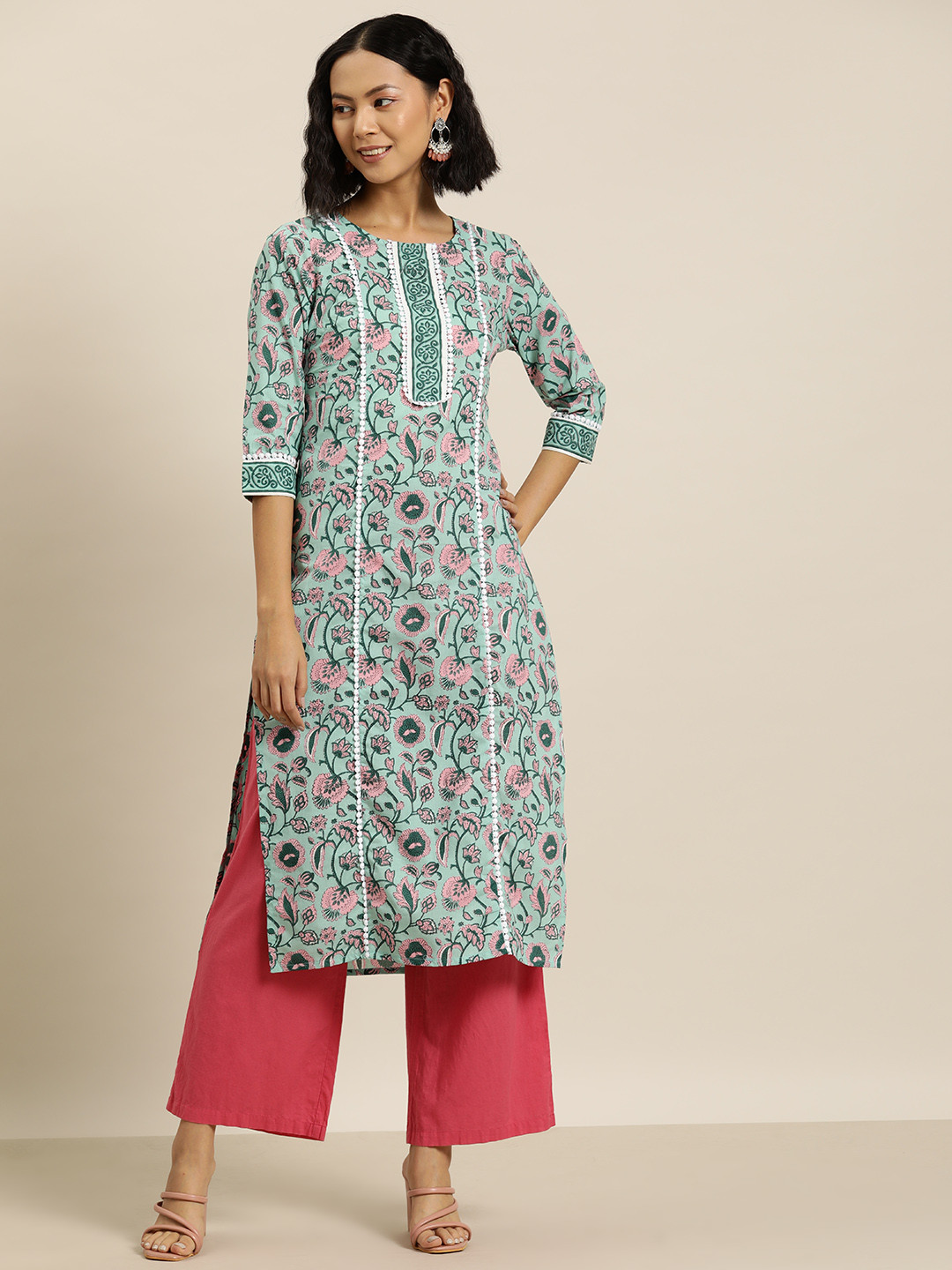 

HERE&NOW Pure Cotton Floral Printed Straight Kurta, Green