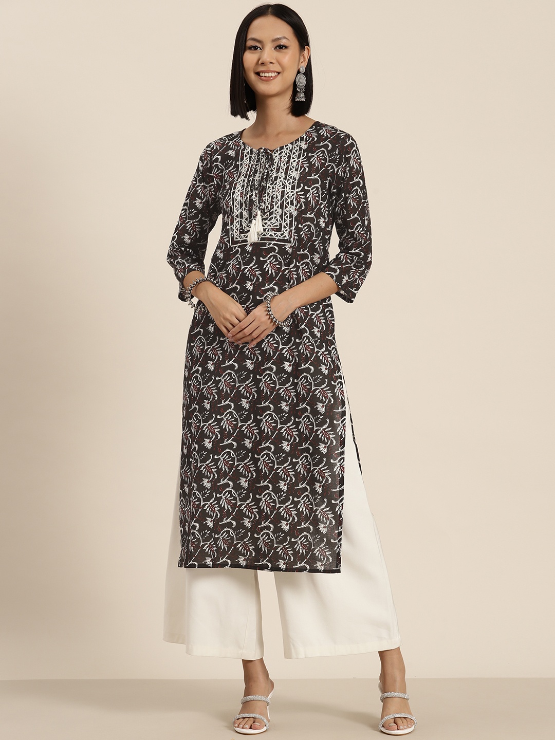 

HERE&NOW Pure Cotton Floral Printed Straight Kurta, Coffee brown