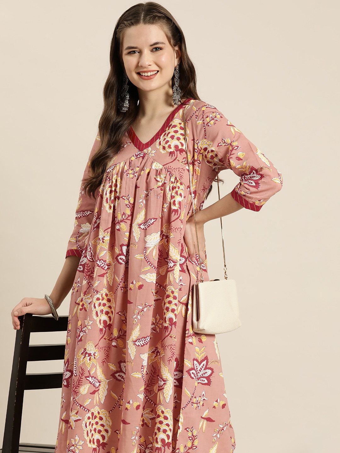 

HERE&NOW Pure Cotton Floral Print Kurta, Rose