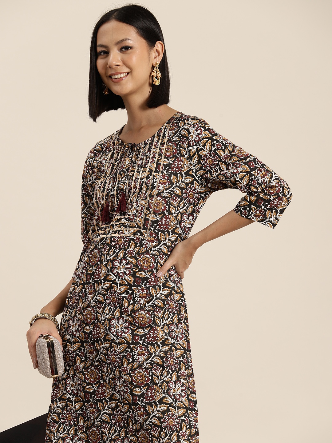 

HERE&NOW Cotton Floral Print Gotta Patti Kurta, Black