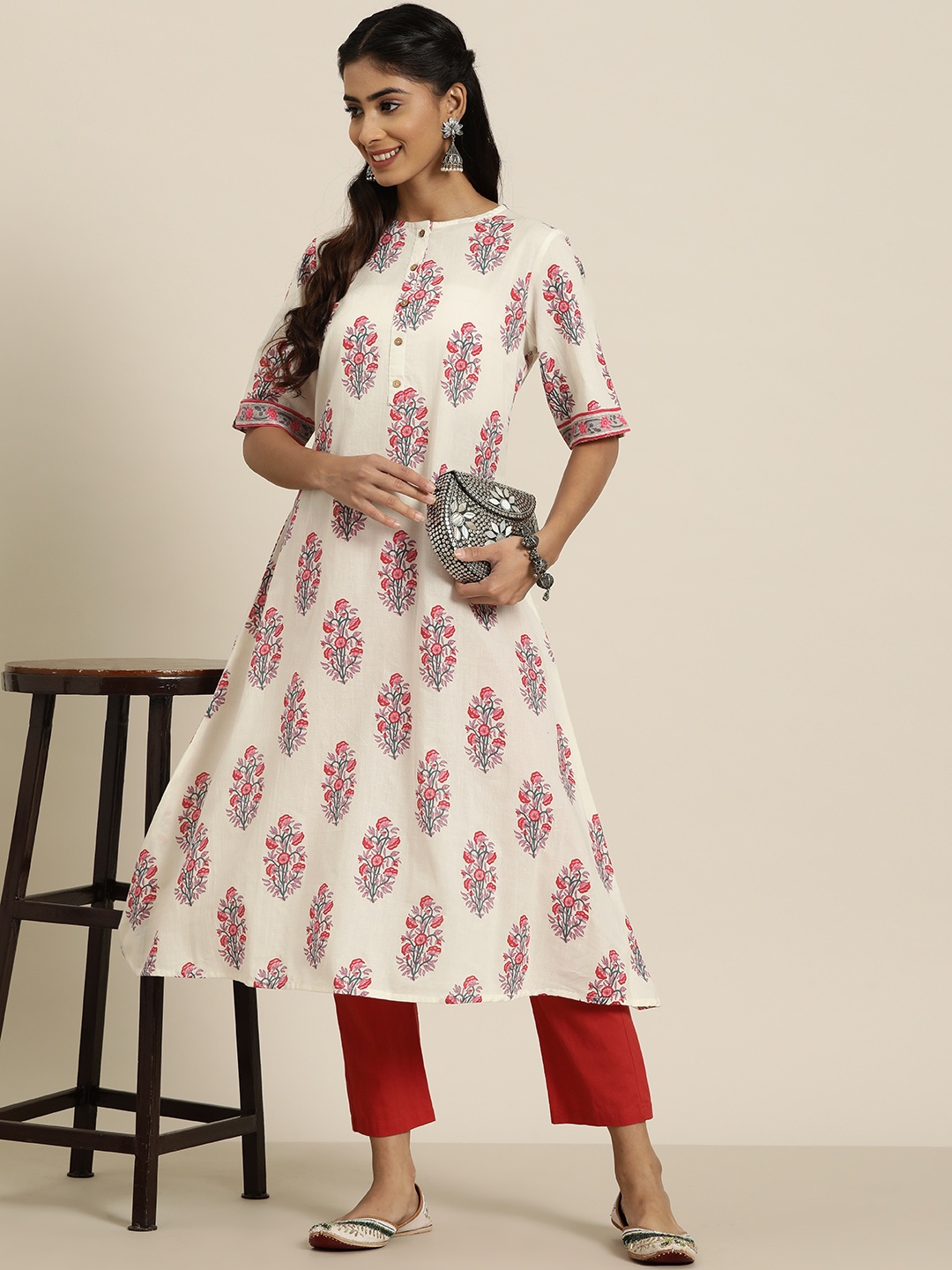 

HERE&NOW Pure Cotton Floral Printed A-Line Kurta, Off white