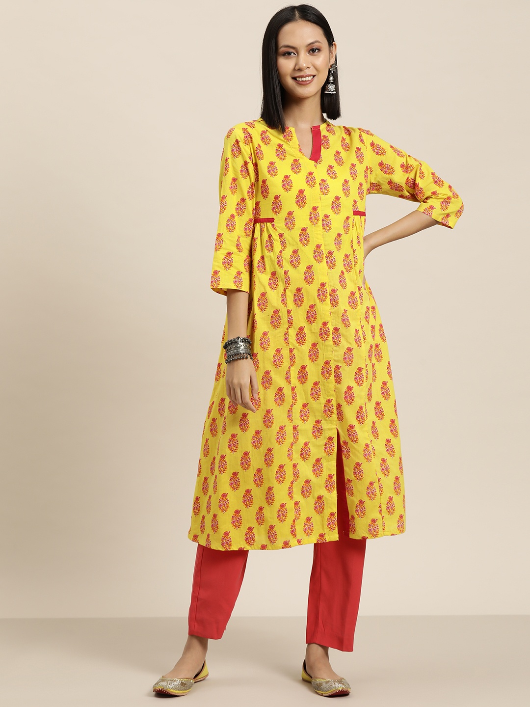 

HERE&NOW Pure Cotton Ethnic Motifs Printed Kurta, Yellow