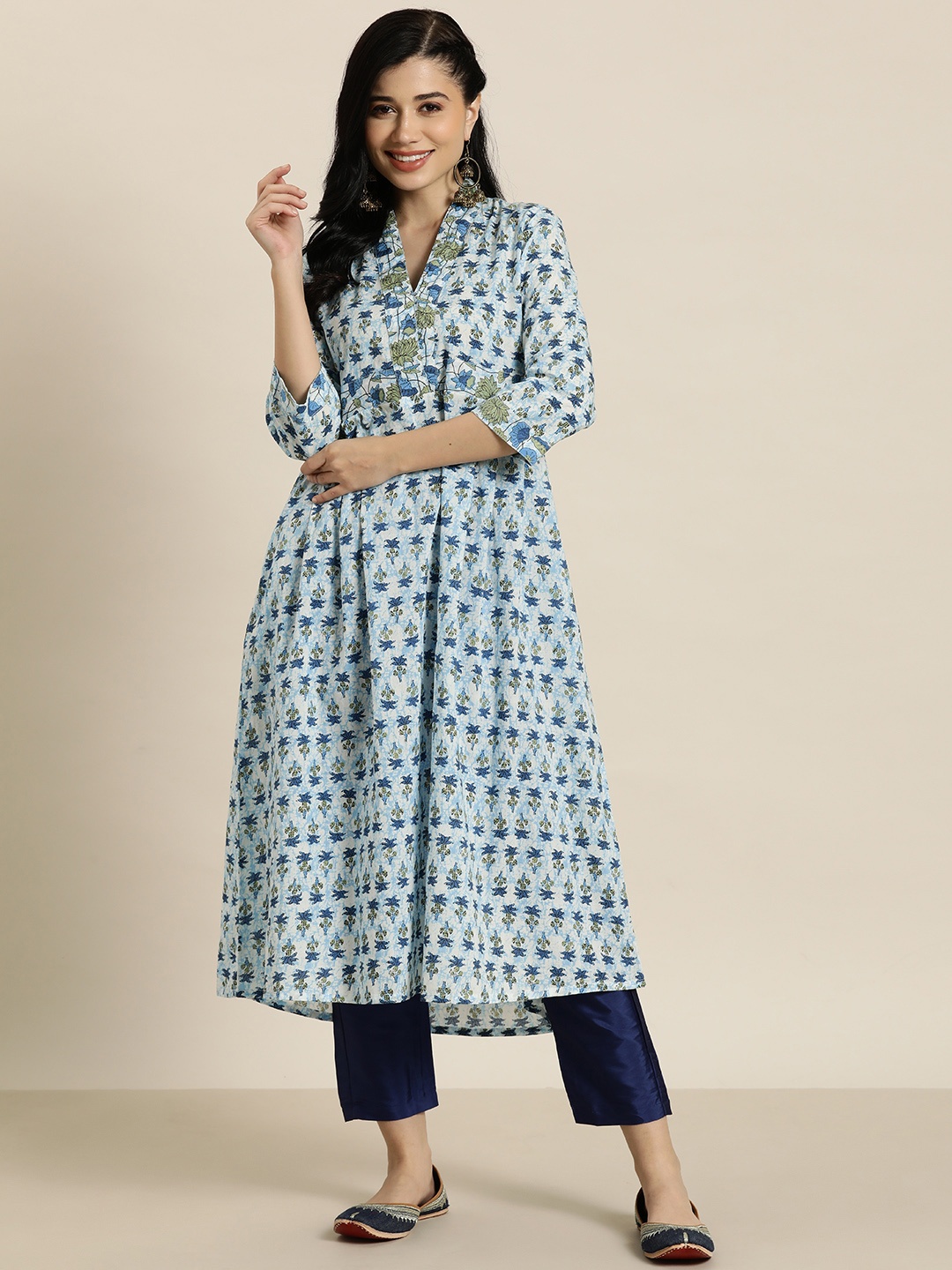 

HERE&NOW Pure Cotton Floral Printed Pleated A-line Kurta, Blue