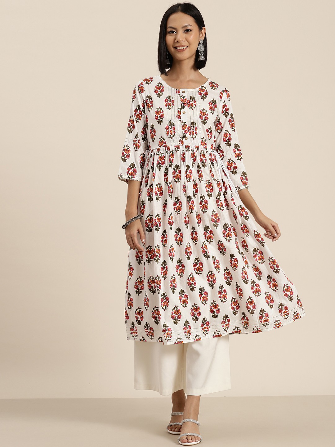 

HERE&NOW Pure Cotton Floral Printed A-Line Pleated Kurta, White