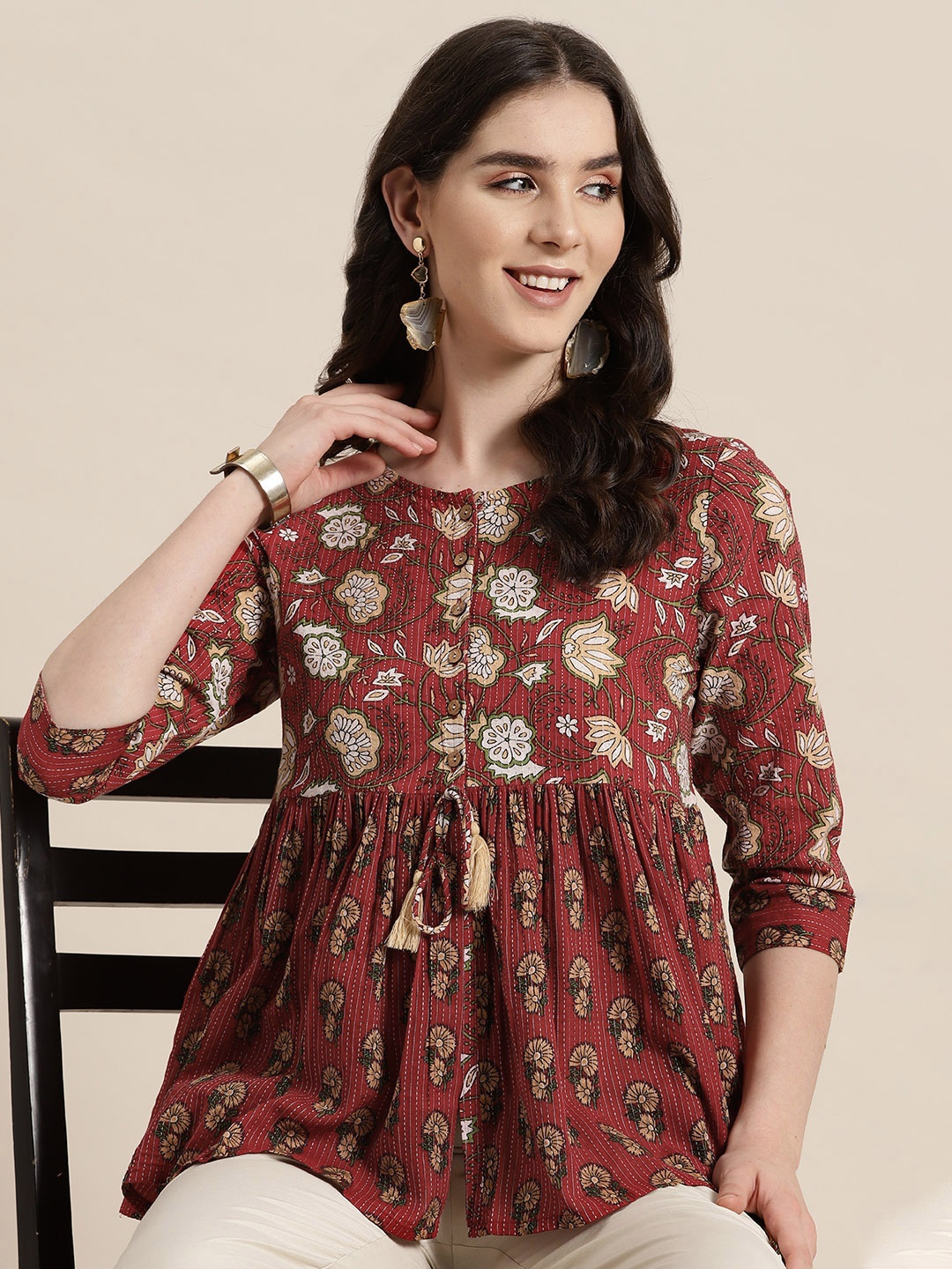 

HERE&NOW Ethnic Motifs Printed Pleated Kurti, Maroon