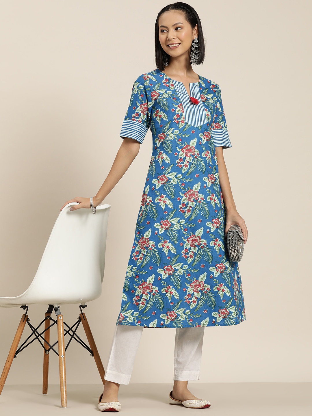 

HERE&NOW Women Pure Cotton Ethnic Motifs Printed Straight Kurta, Teal