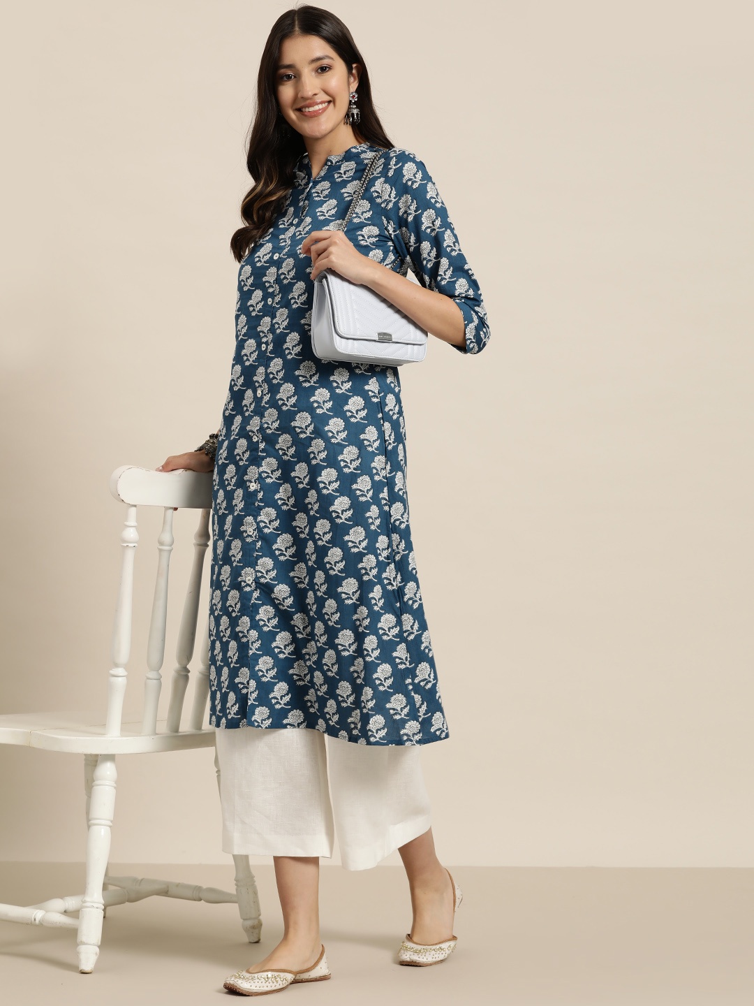 

HERE&NOW Women Pure Cotton Ethnic Motifs Printed A-Line Kurta, Blue