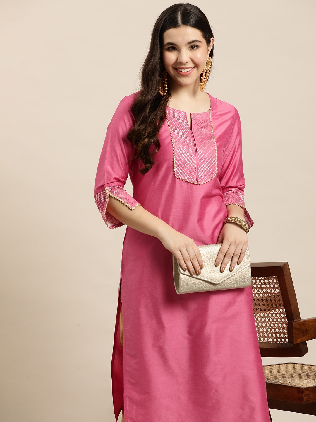 

HERE&NOW Yoke Design Gotta Patti Kurta, Pink