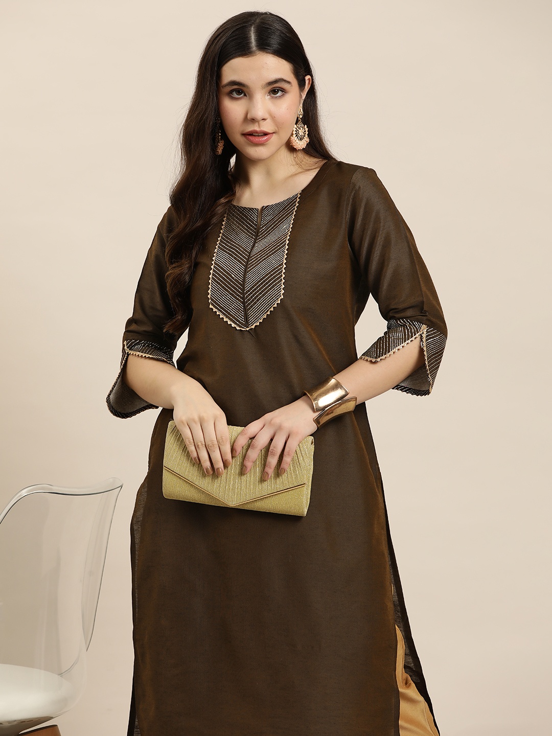 

HERE&NOW Women Brown Yoke Design Gotta Patti Kurta