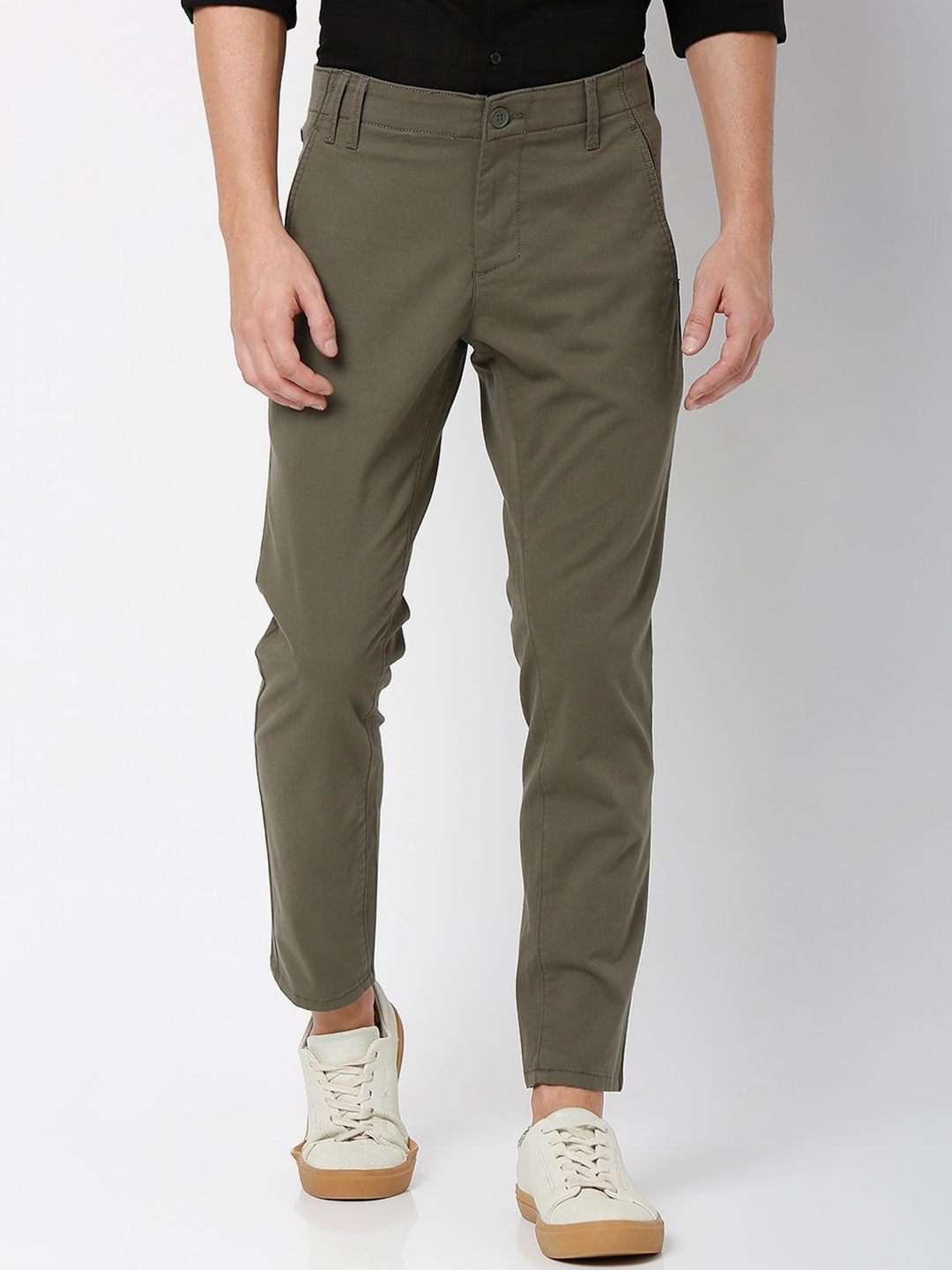 

Mufti Men Mid Rise Slim Fit Trousers, Olive